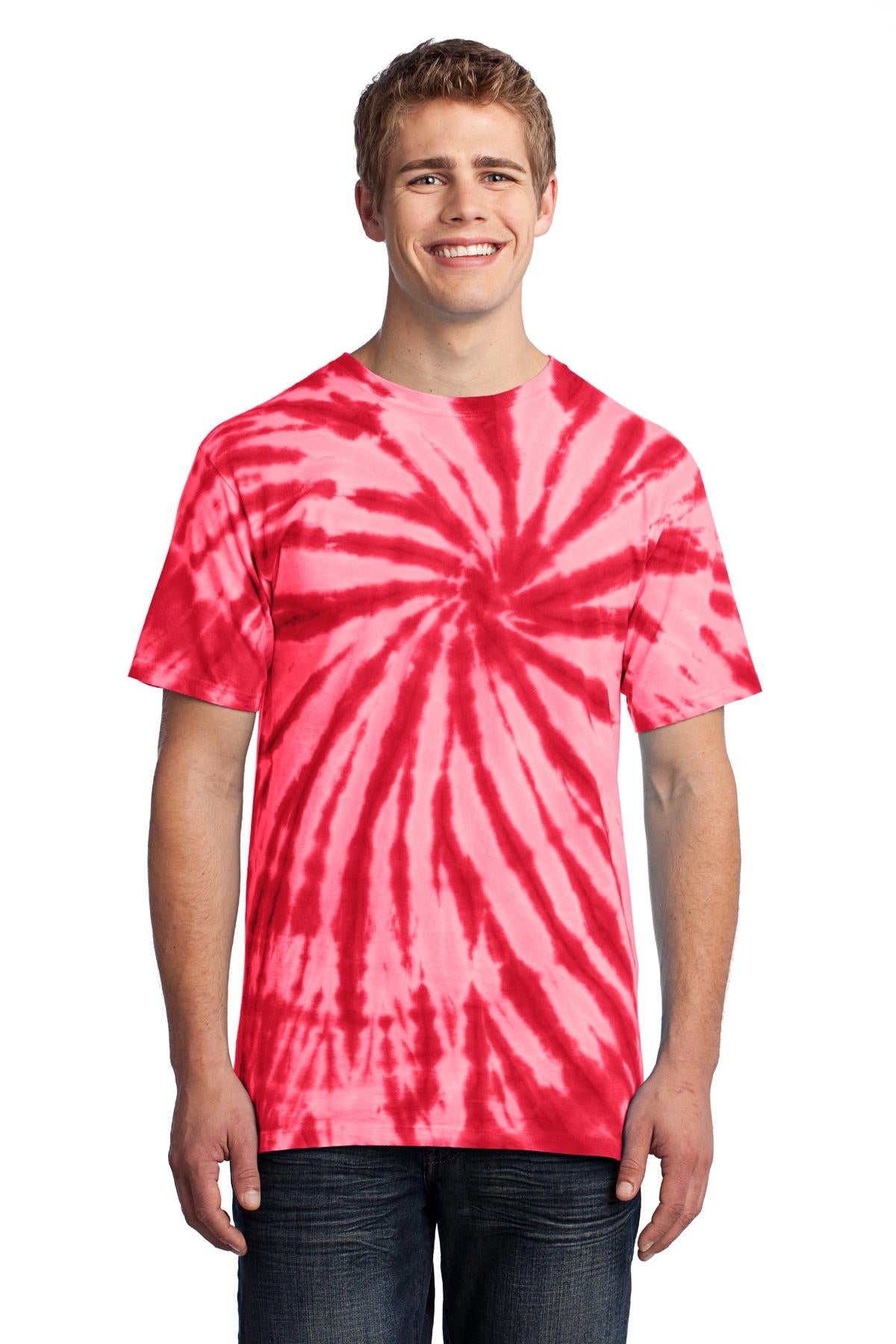 Front View of Red Port & Co Tie-Dye Tee. PC147 plain