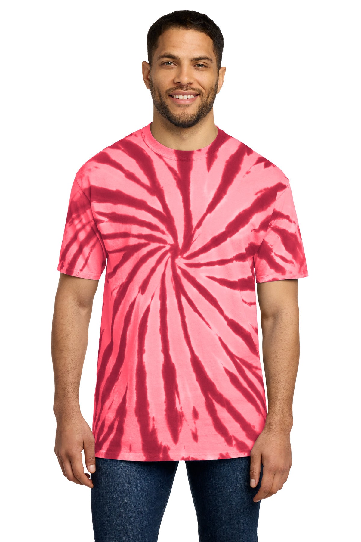 Front View of Red Port & Co Tie-Dye Tee. PC147 plain