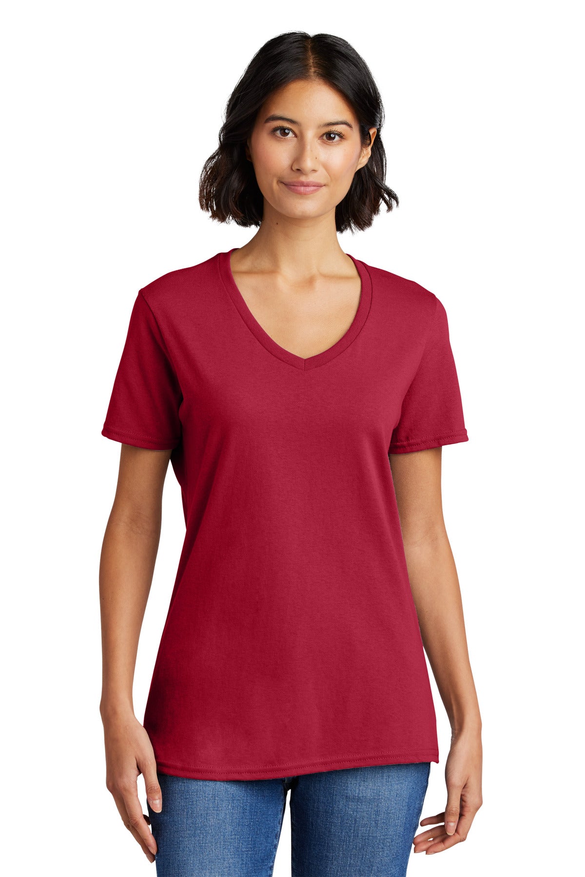 Front View of Red Port & Co Women's Core Cotton V-Neck Tee. LPC54V plain