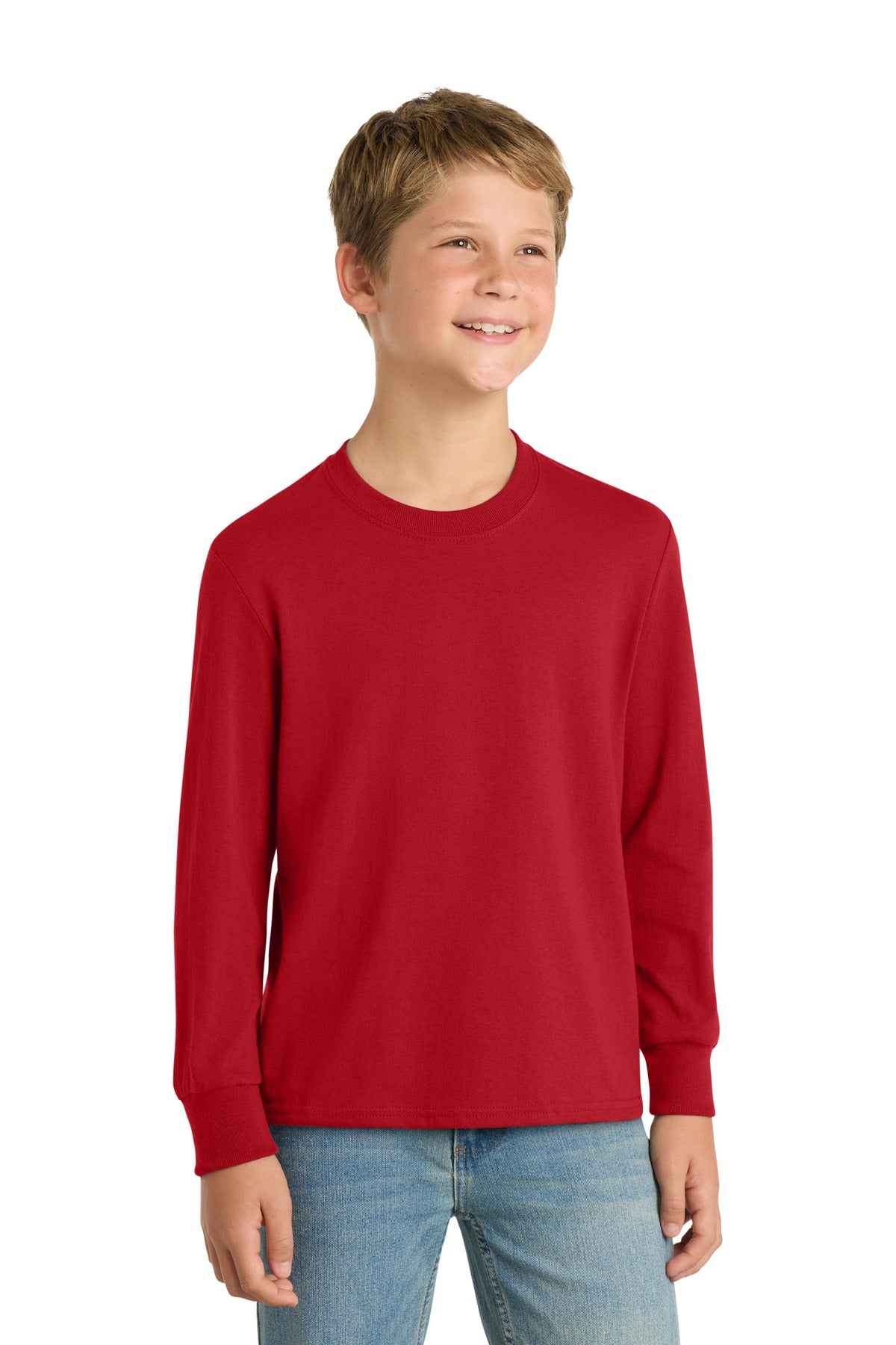 Front View of Red Port & Co Youth Long Sleeve Core Cotton Tee. PC54YLS plain