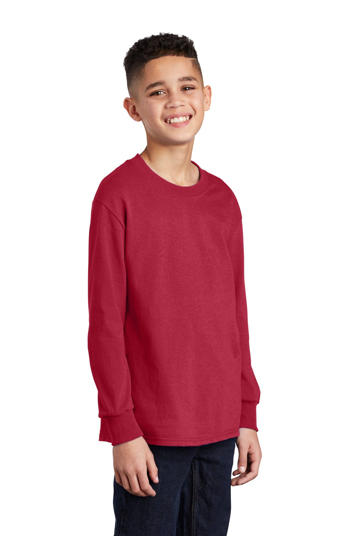 Front View of Red Port & Co Youth Long Sleeve Core Cotton Tee. PC54YLS plain