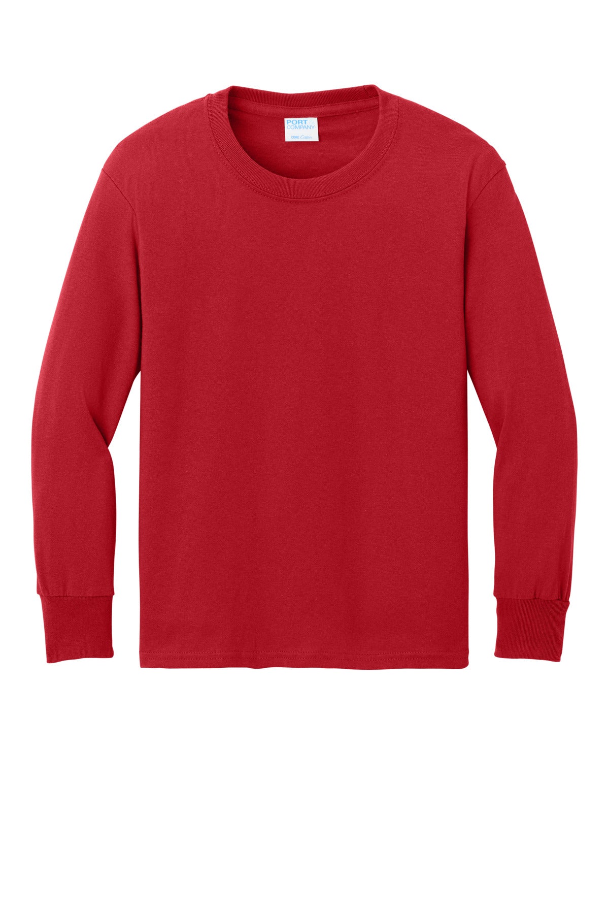 Front View of Red Port & Co Youth Long Sleeve Core Cotton Tee. PC54YLS plain