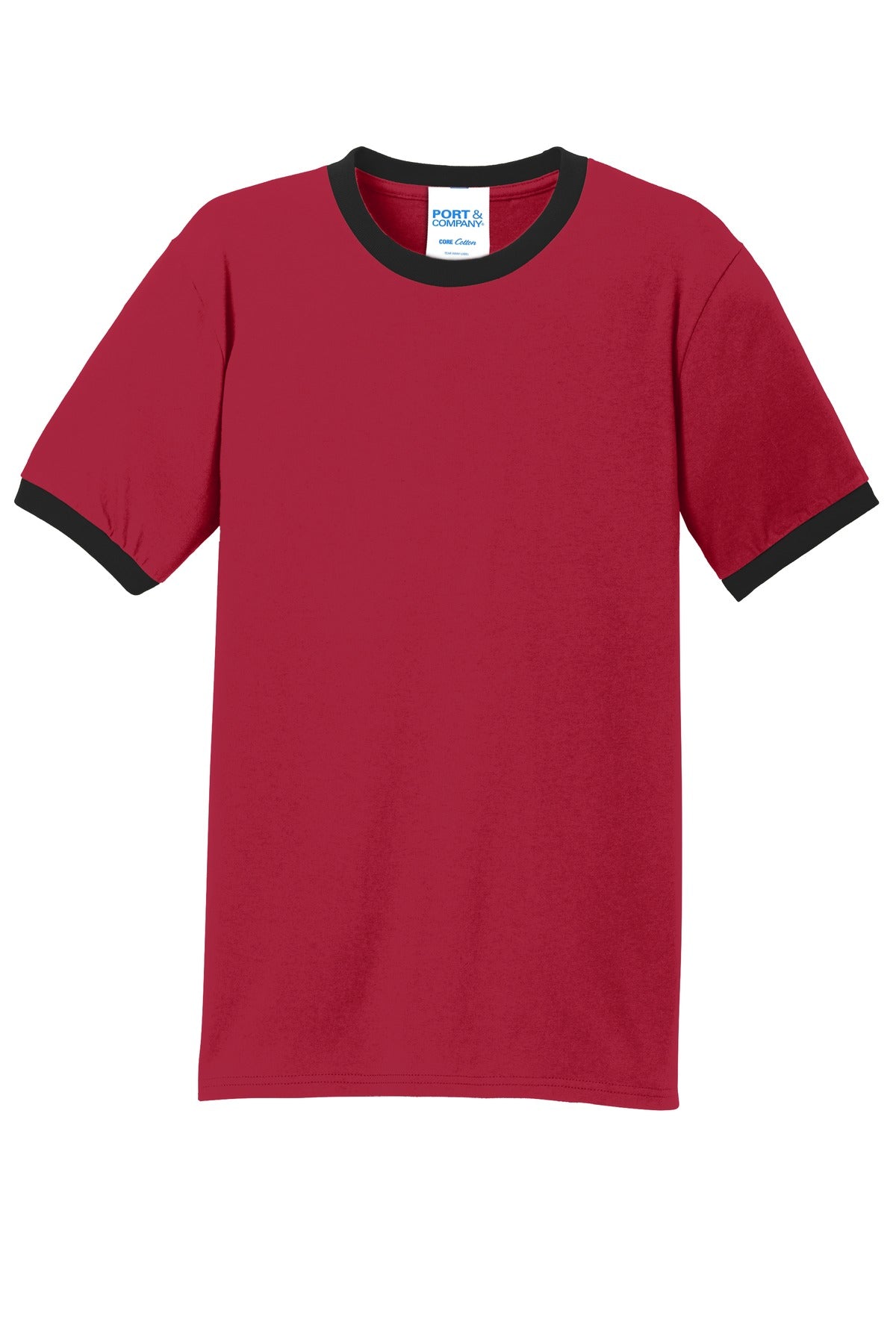 Front View of Red/Jet Black Port & Co Core Cotton Ringer Tee. PC54R plain