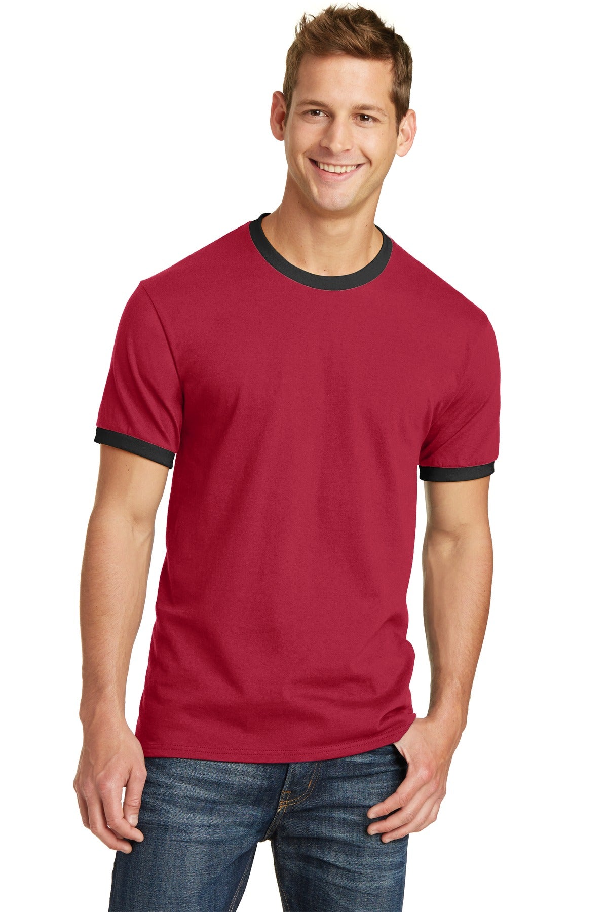 Front View of Red/Jet Black Port & Co Core Cotton Ringer Tee. PC54R plain