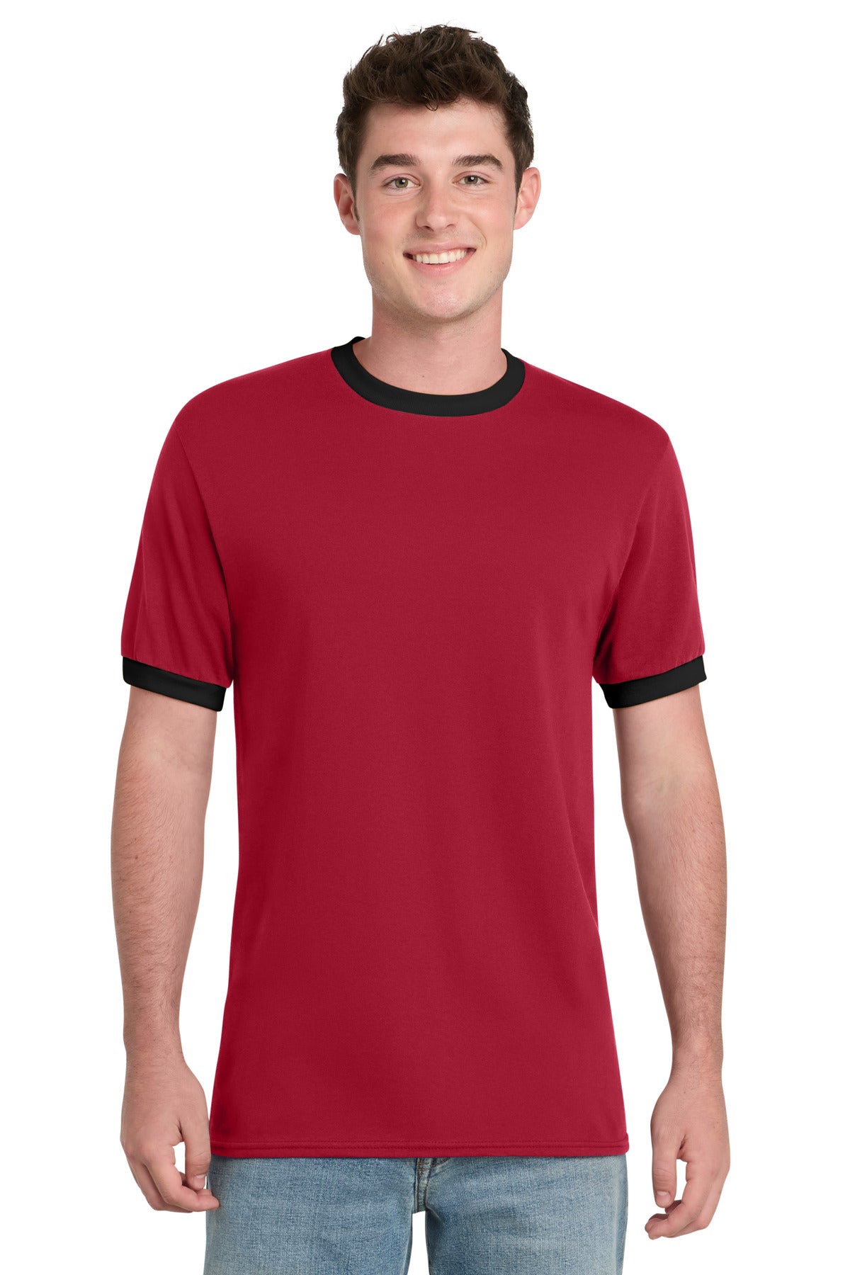 Front View of Red/Jet Black Port & Co Core Cotton Ringer Tee. PC54R plain