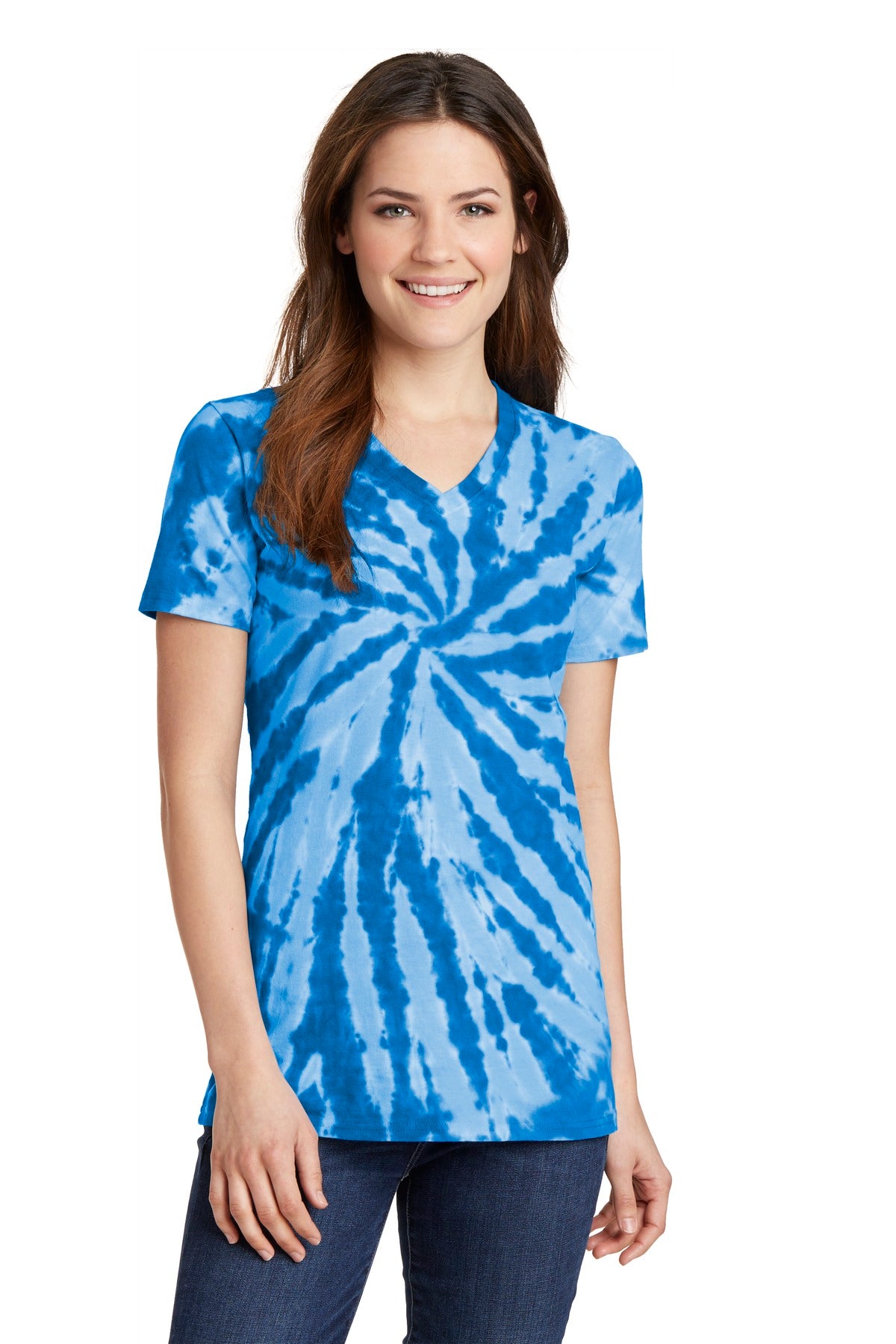 Front View of Royal Port & Co Women's Tie-Dye V-Neck Tee. LPC147V plain