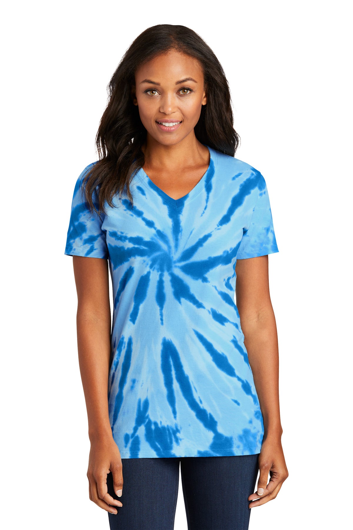Front View of Royal Port & Co Women's Tie-Dye V-Neck Tee. LPC147V plain