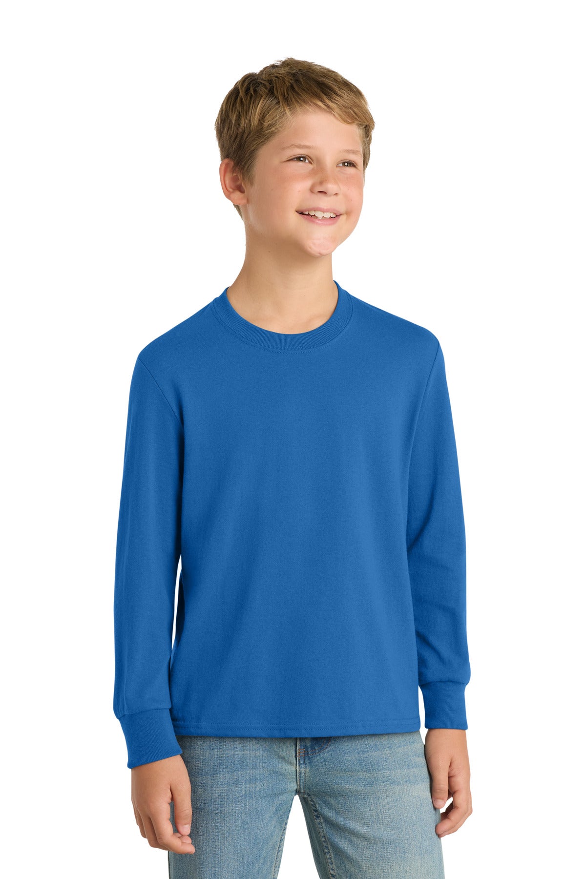 Front View of Royal Port & Co Youth Long Sleeve Core Cotton Tee. PC54YLS plain