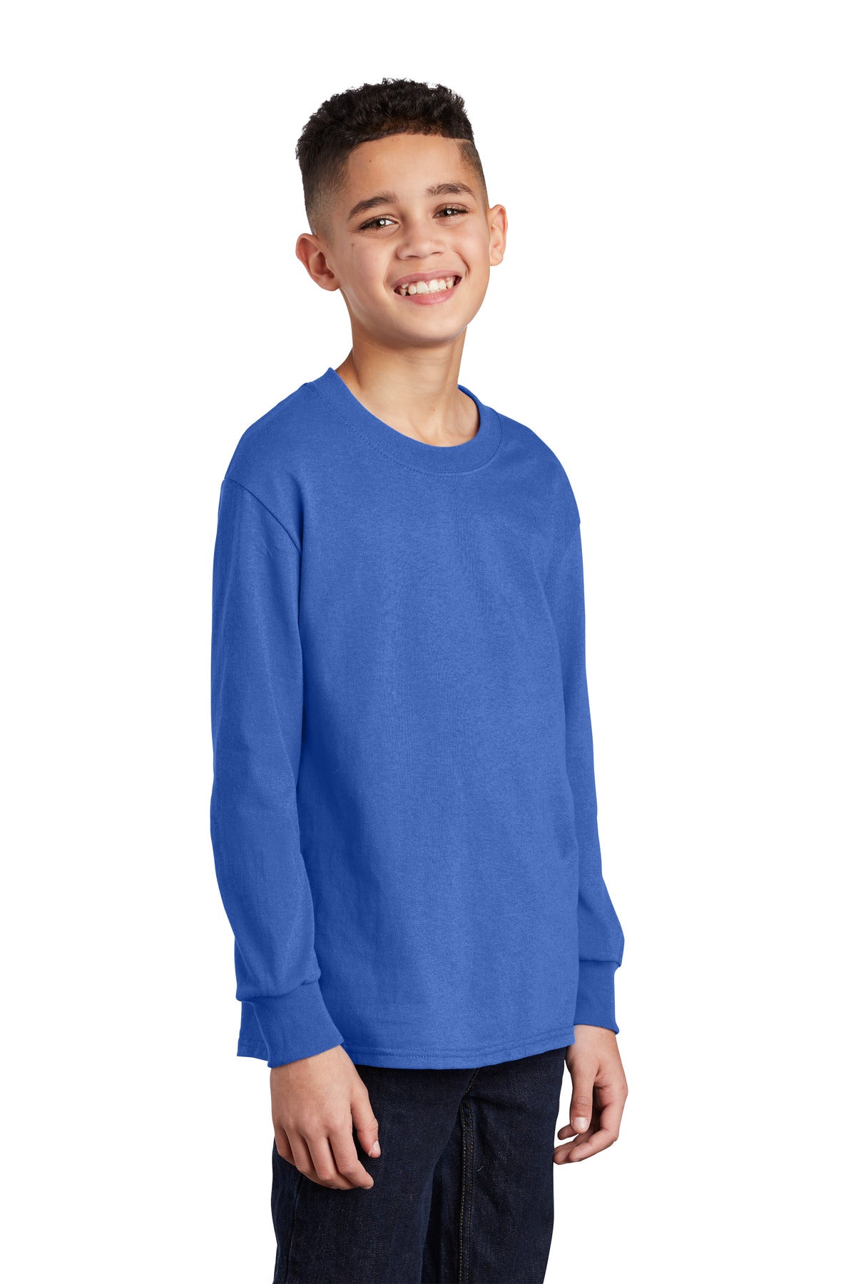 Front View of Royal Port & Co Youth Long Sleeve Core Cotton Tee. PC54YLS plain