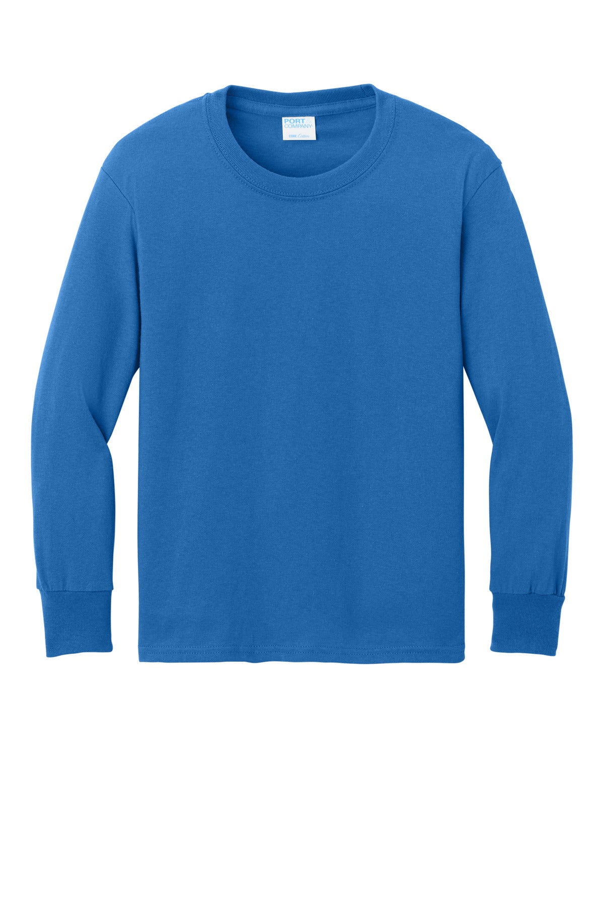 Front View of Royal Port & Co Youth Long Sleeve Core Cotton Tee. PC54YLS plain