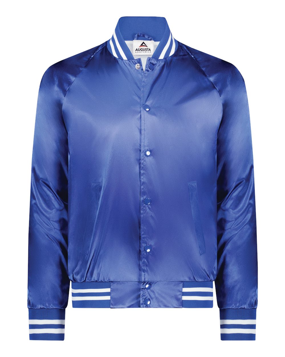 Front View of Royal/ White Satin Baseball Jacket Striped Trim - 3610 plain