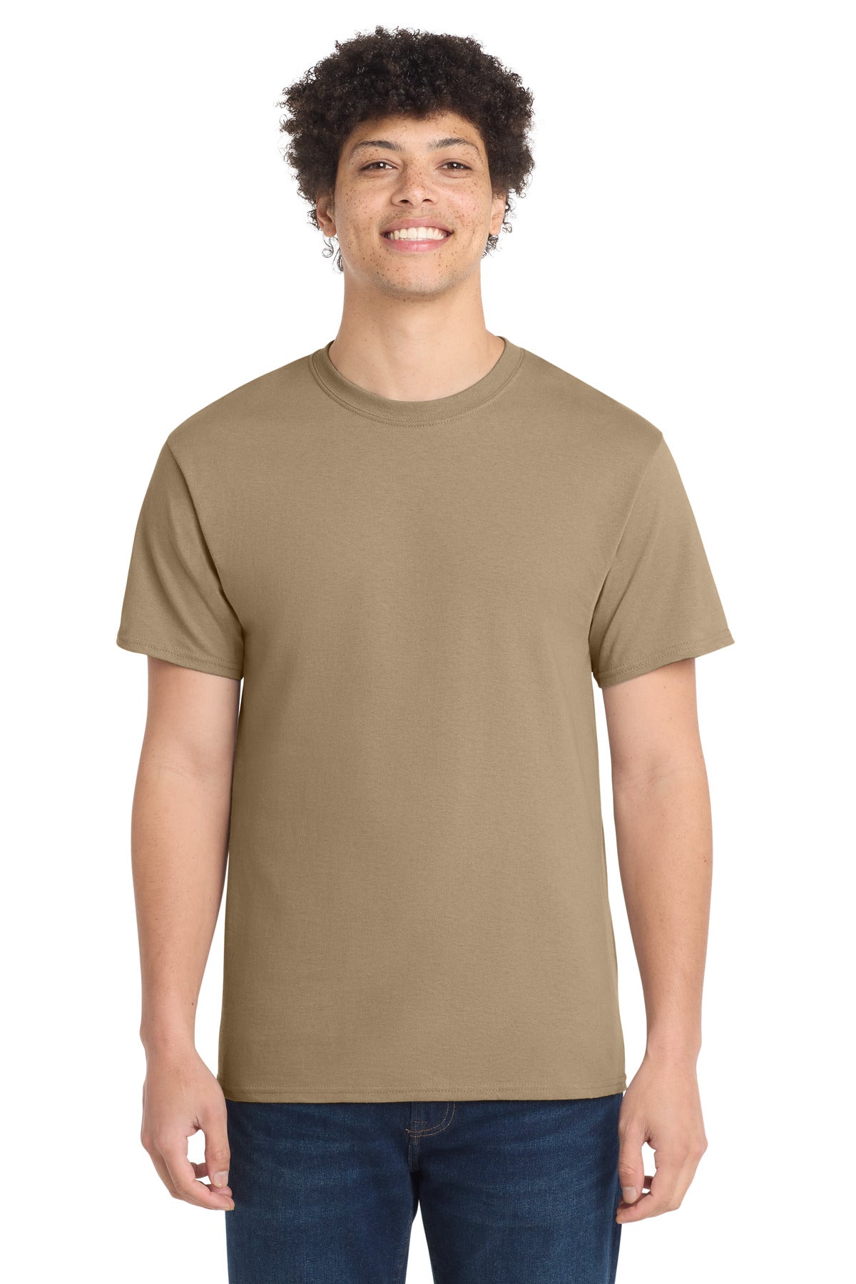 Front View of Sand Port & Co Core Cotton Tee. PC54 plain
