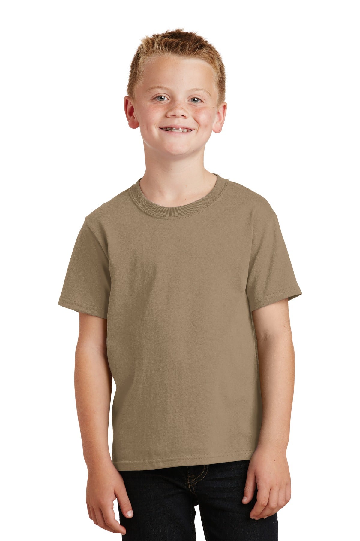 Front View of Sand Port & Co Youth Core Cotton Tee. PC54Y plain