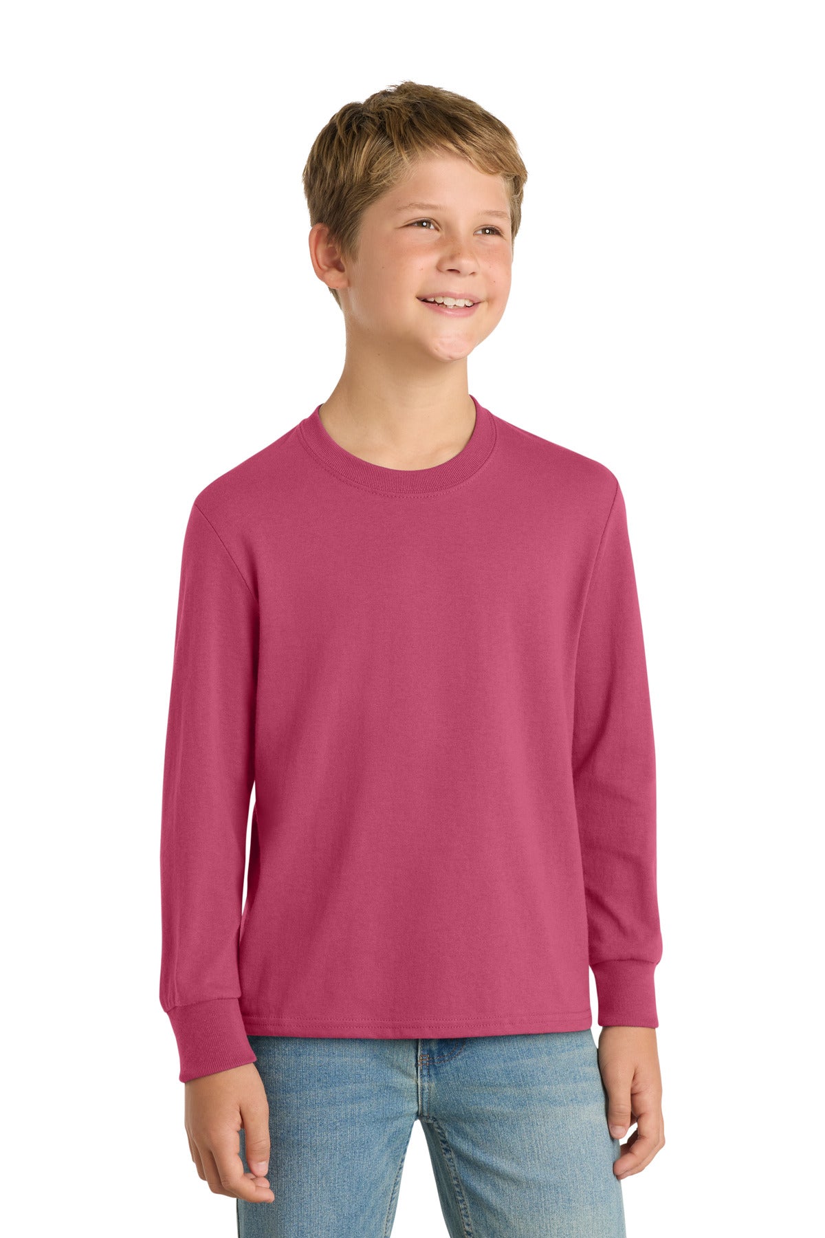 Front View of Sangria Port & Co Youth Long Sleeve Core Cotton Tee. PC54YLS plain