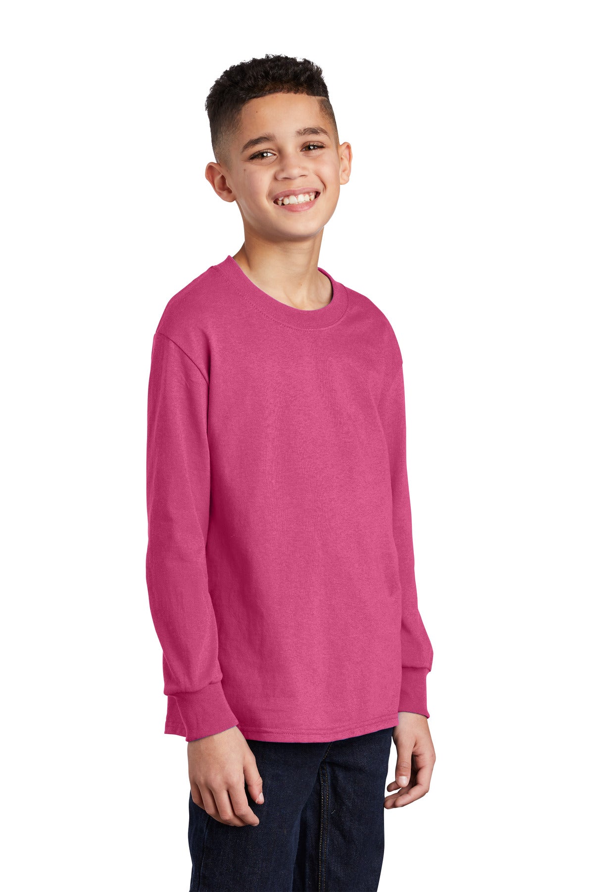 Front View of Sangria Port & Co Youth Long Sleeve Core Cotton Tee. PC54YLS plain