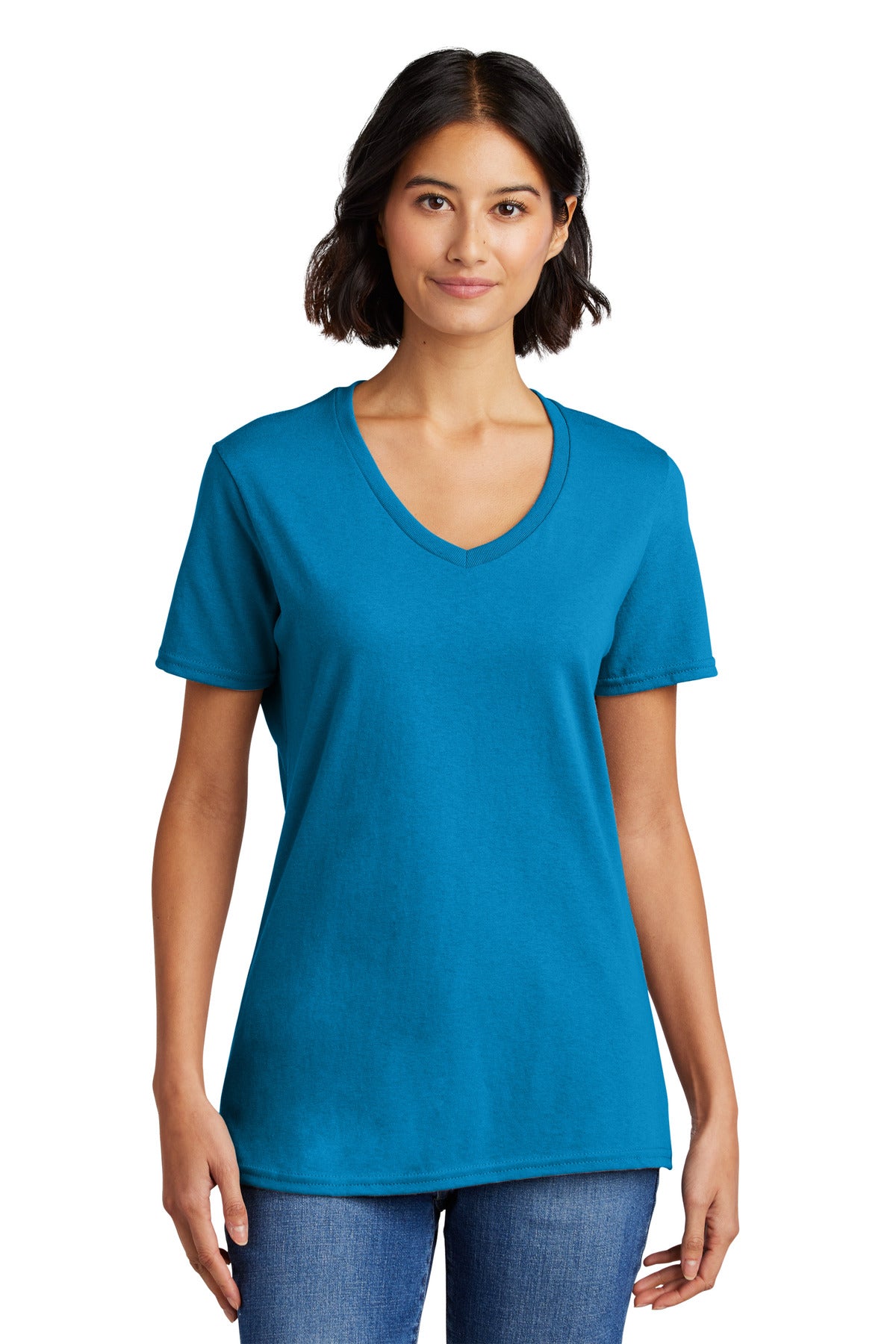 Front View of Sapphire Port & Co Women's Core Cotton V-Neck Tee. LPC54V plain