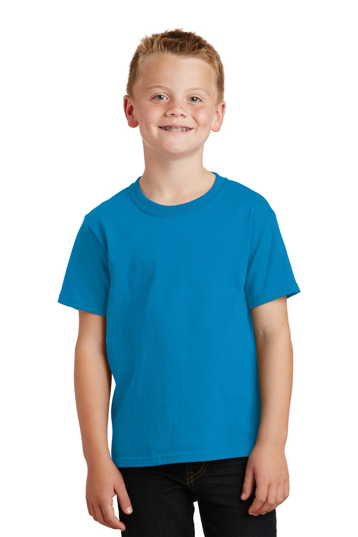 Front View of Sapphire Port & Co Youth Core Cotton Tee. PC54Y plain