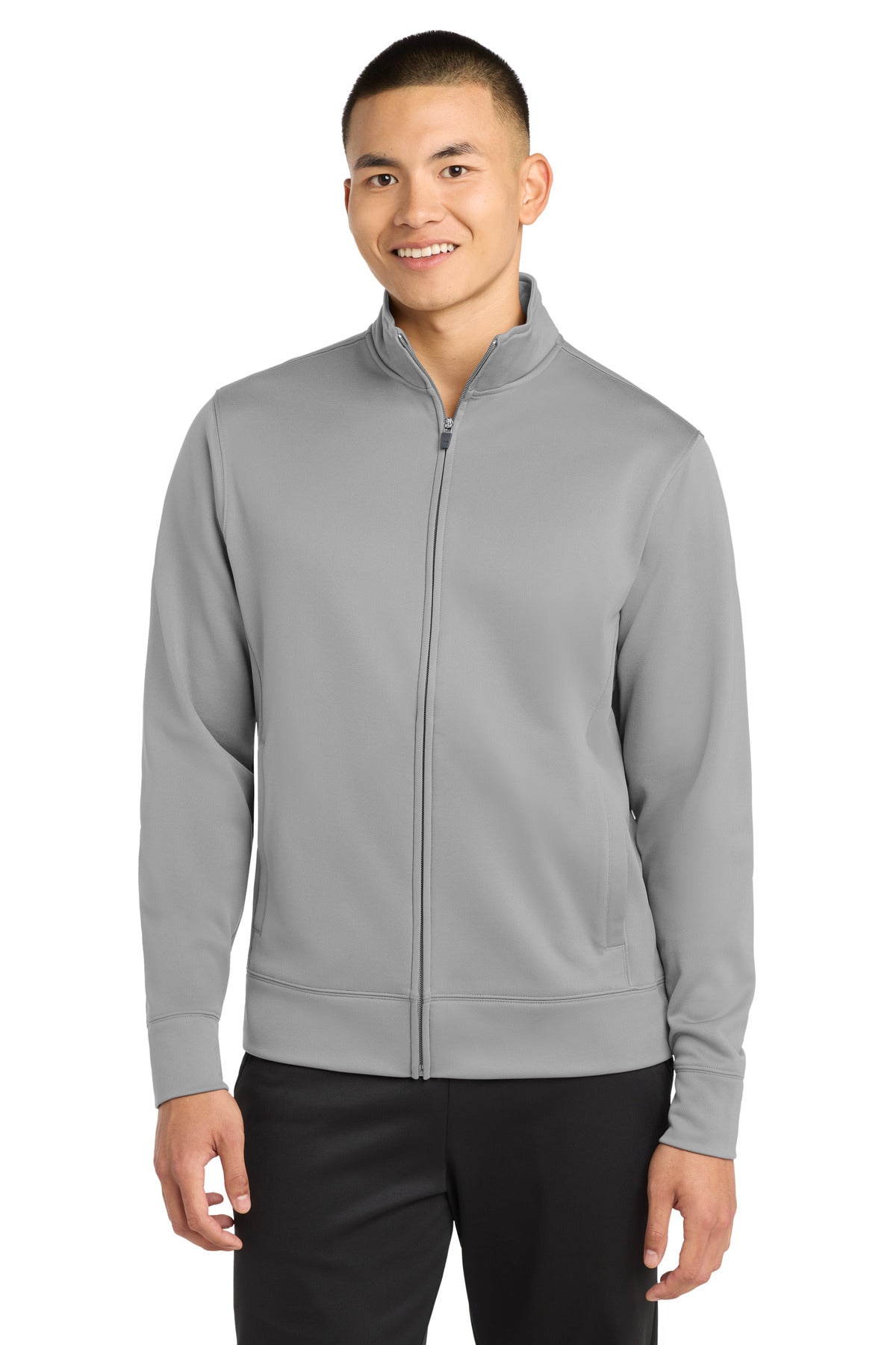 Front View of Silver Sport-Tek Sport-Wick Fleece Full-Zip Jacket. ST241 plain