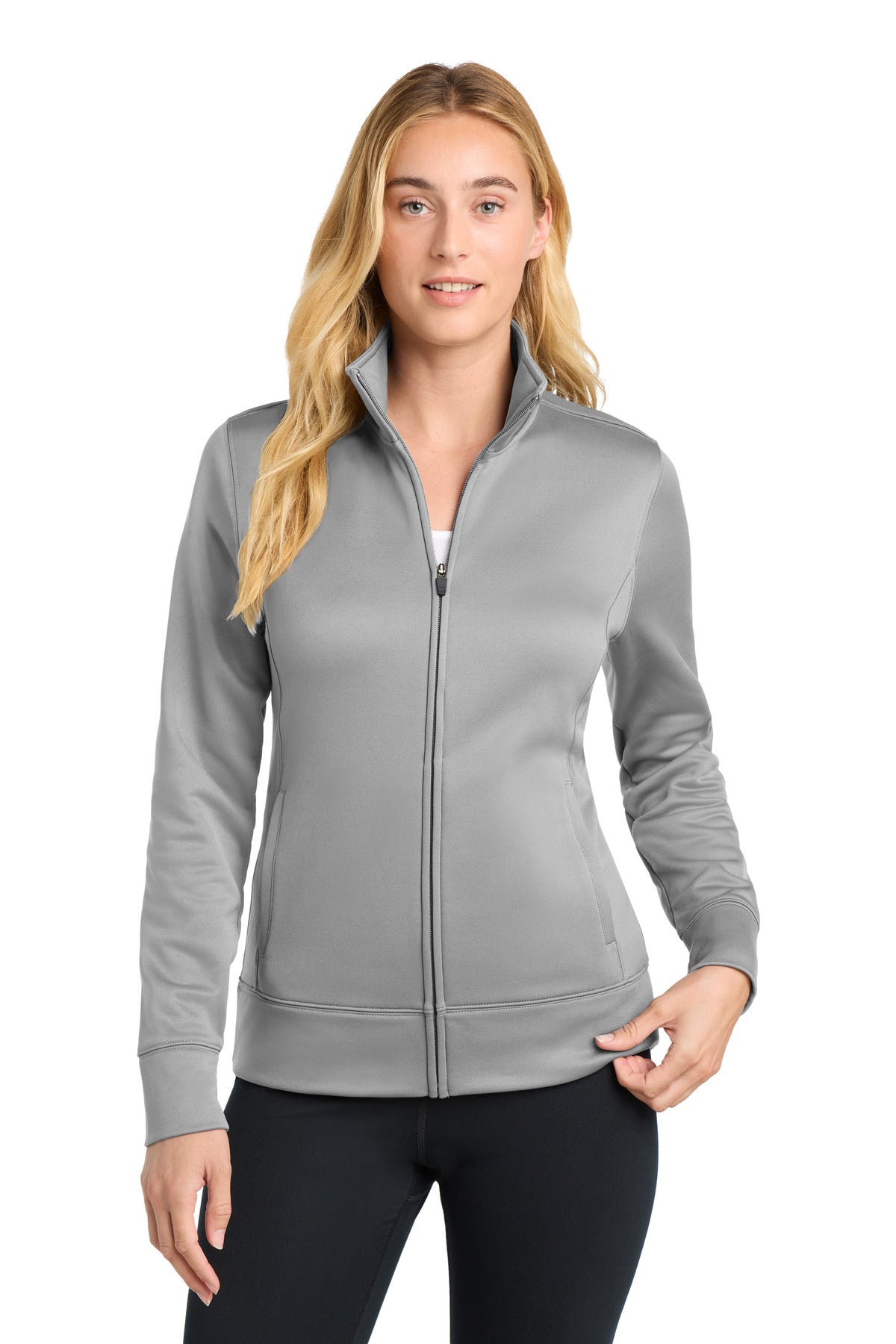 Front View of Silver Sport-Tek Women's Sport-Wick Fleece Full-Zip Jacket. LST241 plain