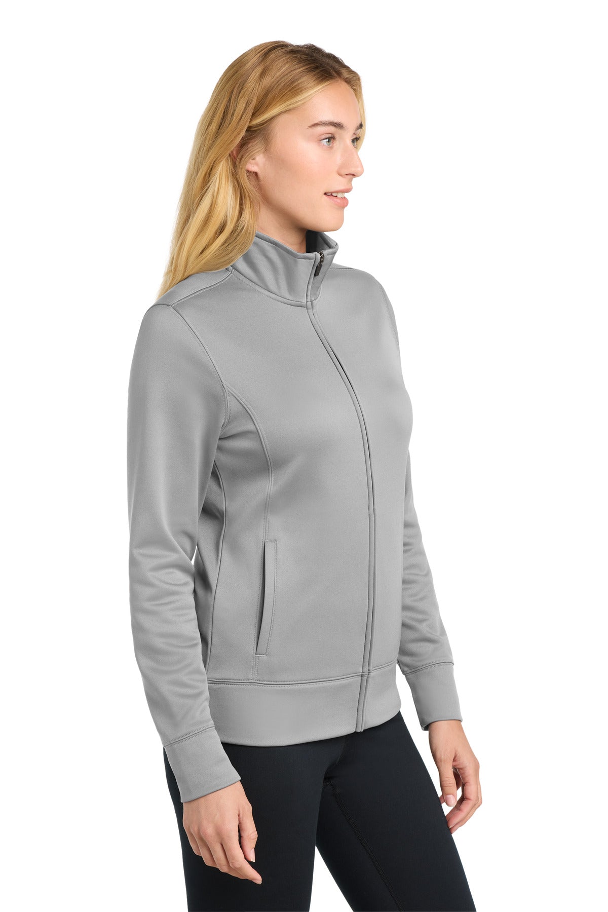 Front View of Silver Sport-Tek Women's Sport-Wick Fleece Full-Zip Jacket. LST241 plain