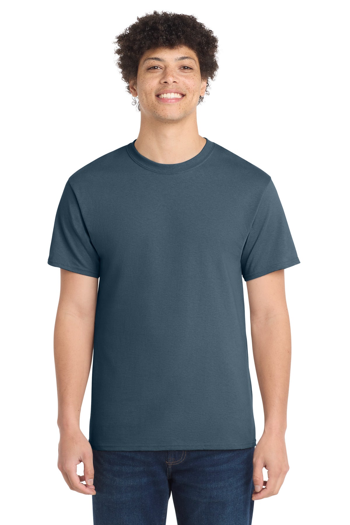Front View of Steel Blue Port & Co Core Cotton Tee. PC54 plain