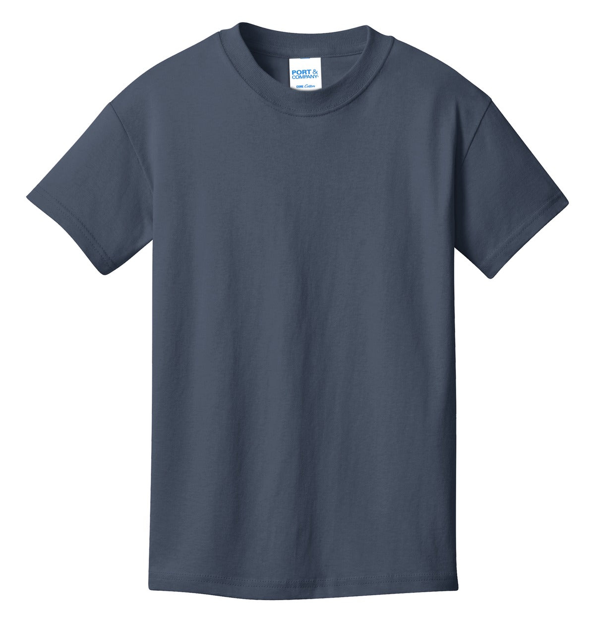 Front View of Steel Blue Port & Co Youth Core Cotton Tee. PC54Y plain