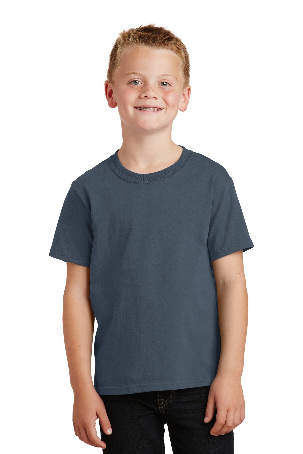 Front View of Steel Blue Port & Co Youth Core Cotton Tee. PC54Y plain