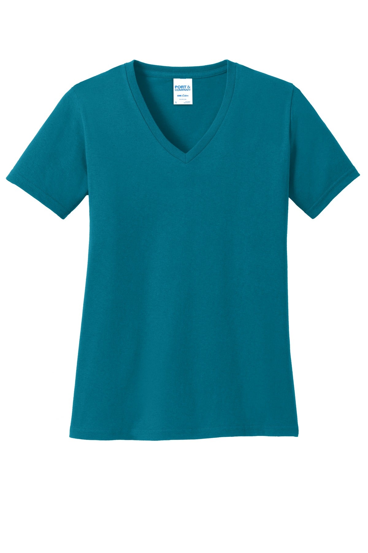 Front View of Teal Port & Co Women's Core Cotton V-Neck Tee. LPC54V plain