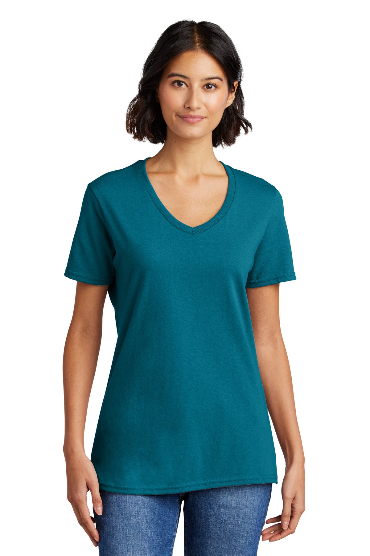 Front View of Teal Port & Co Women's Core Cotton V-Neck Tee. LPC54V plain