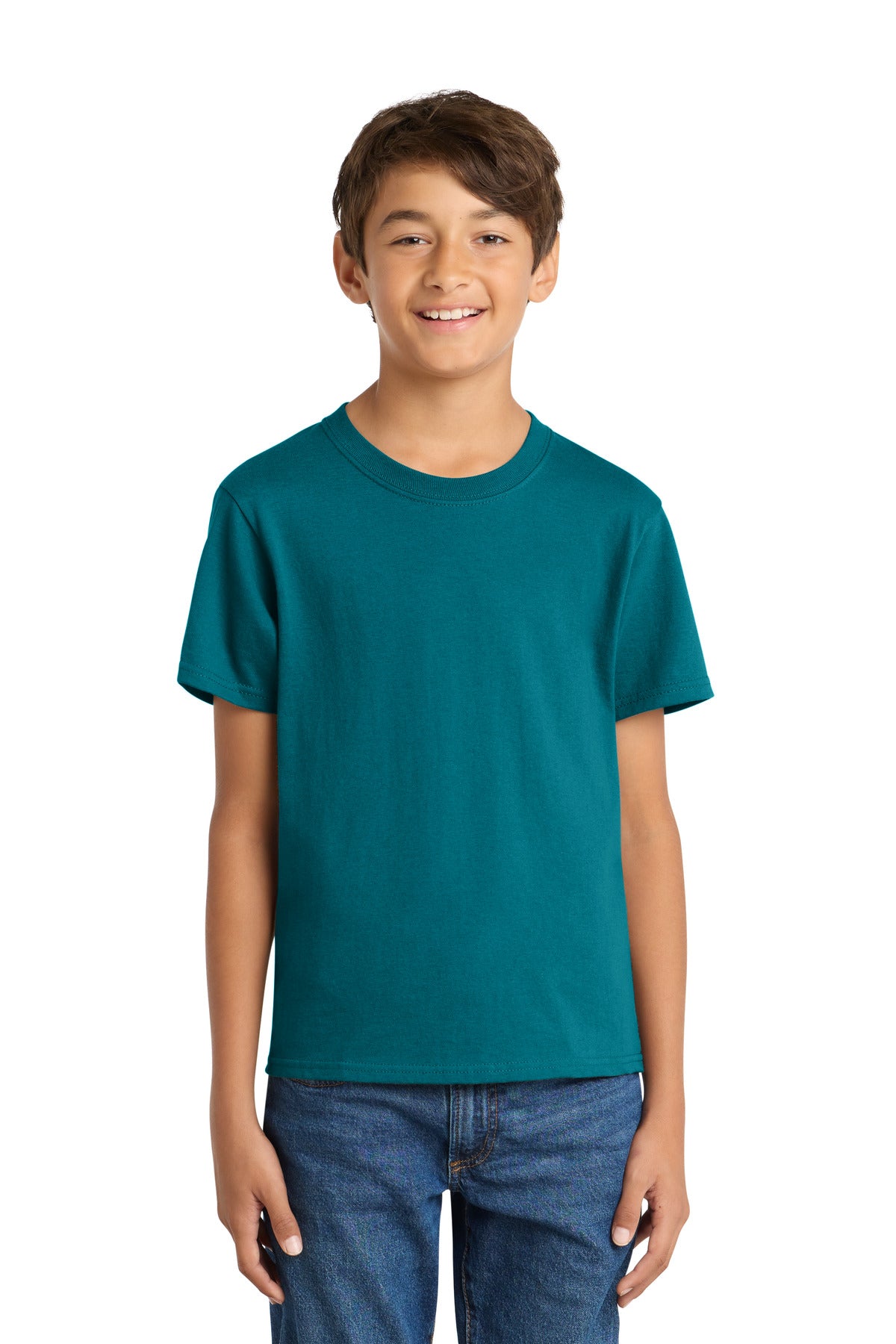 Front View of Teal Port & Co Youth Core Cotton Tee. PC54Y plain