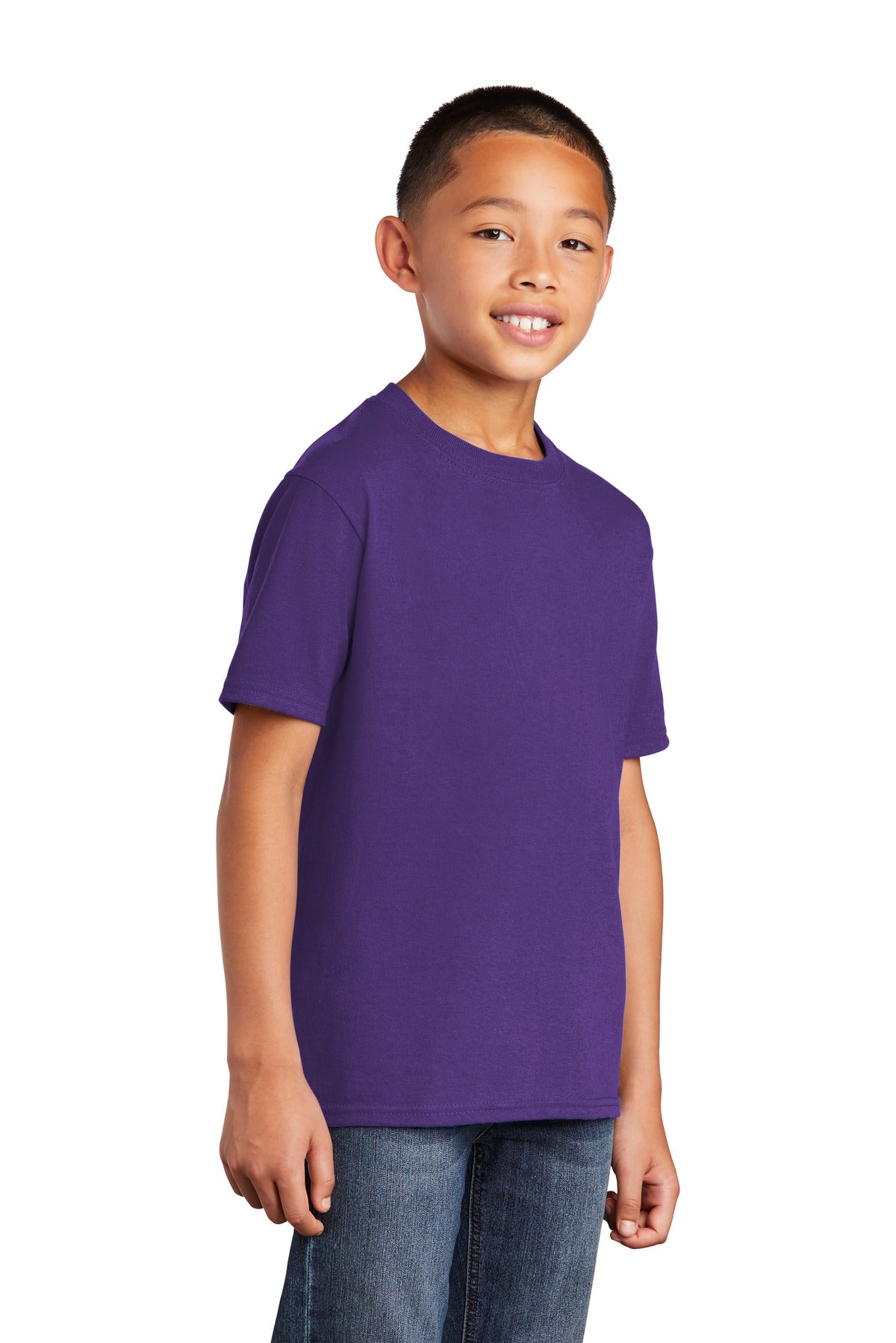 Front View of Team Purple Port & Co Youth Core Cotton Tee. PC54Y plain