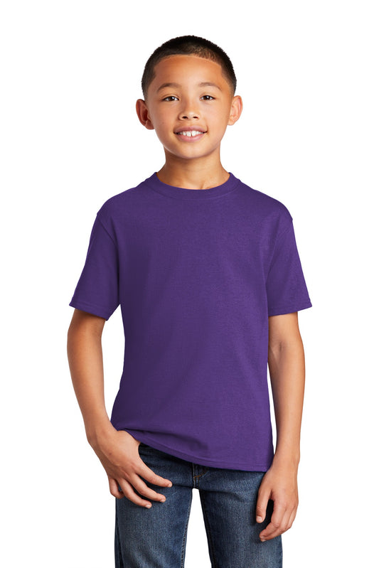 Front View of Team Purple Port & Co Youth Core Cotton Tee. PC54Y