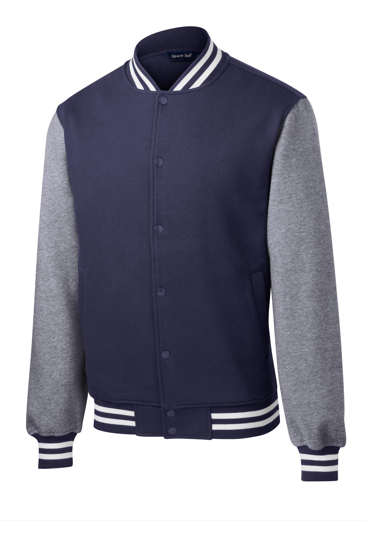 Front View of Tr Navy/Vnt He Sport-Tek Fleece Letterman Jacket. ST270 plain