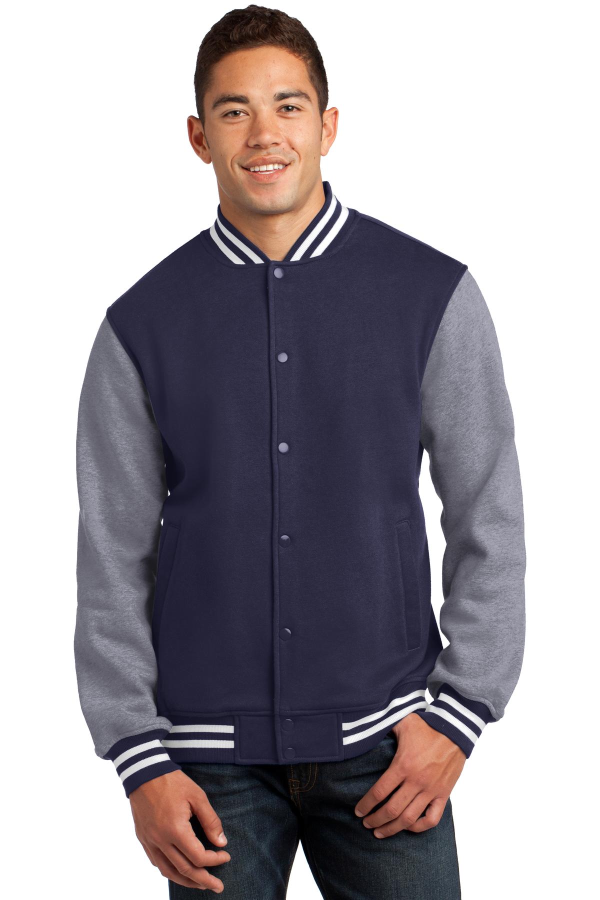 Front View of Tr Navy/Vnt He Sport-Tek Fleece Letterman Jacket. ST270 plain