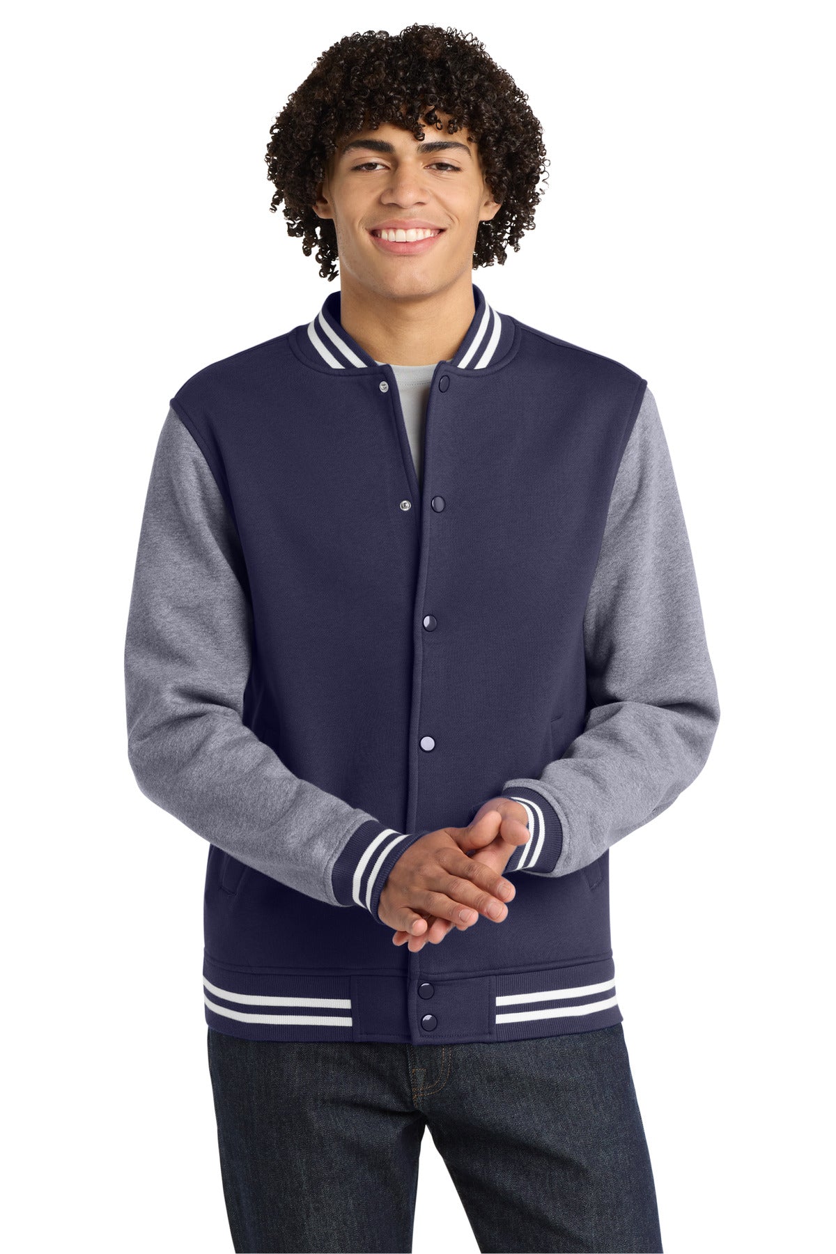 Front View of Tr Navy/Vnt He Sport-Tek Fleece Letterman Jacket. ST270 plain