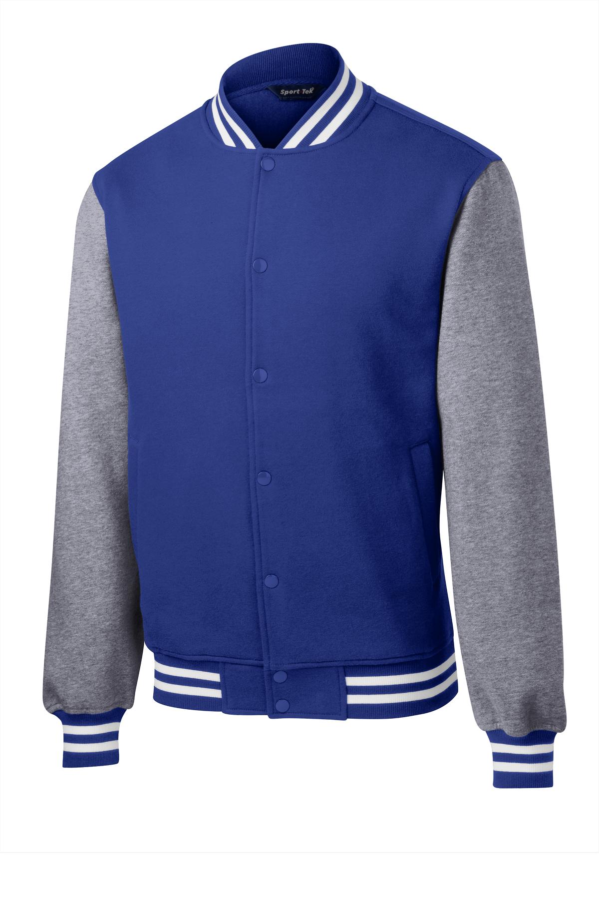 Front View of Tr Royal/VntHe Sport-Tek Fleece Letterman Jacket. ST270 plain