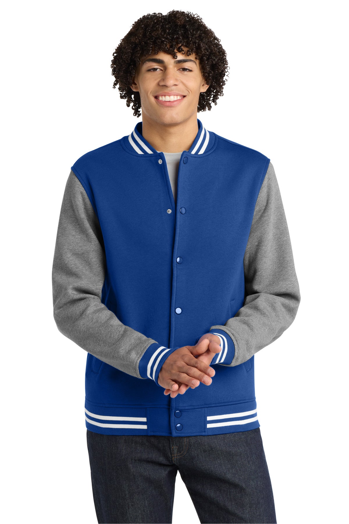 Front View of Tr Royal/VntHe Sport-Tek Fleece Letterman Jacket. ST270 plain