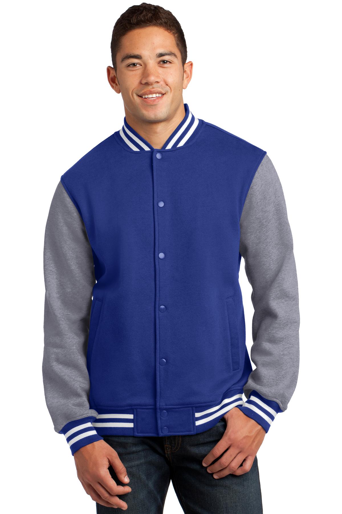 Front View of Tr Royal/VntHe Sport-Tek Fleece Letterman Jacket. ST270 plain