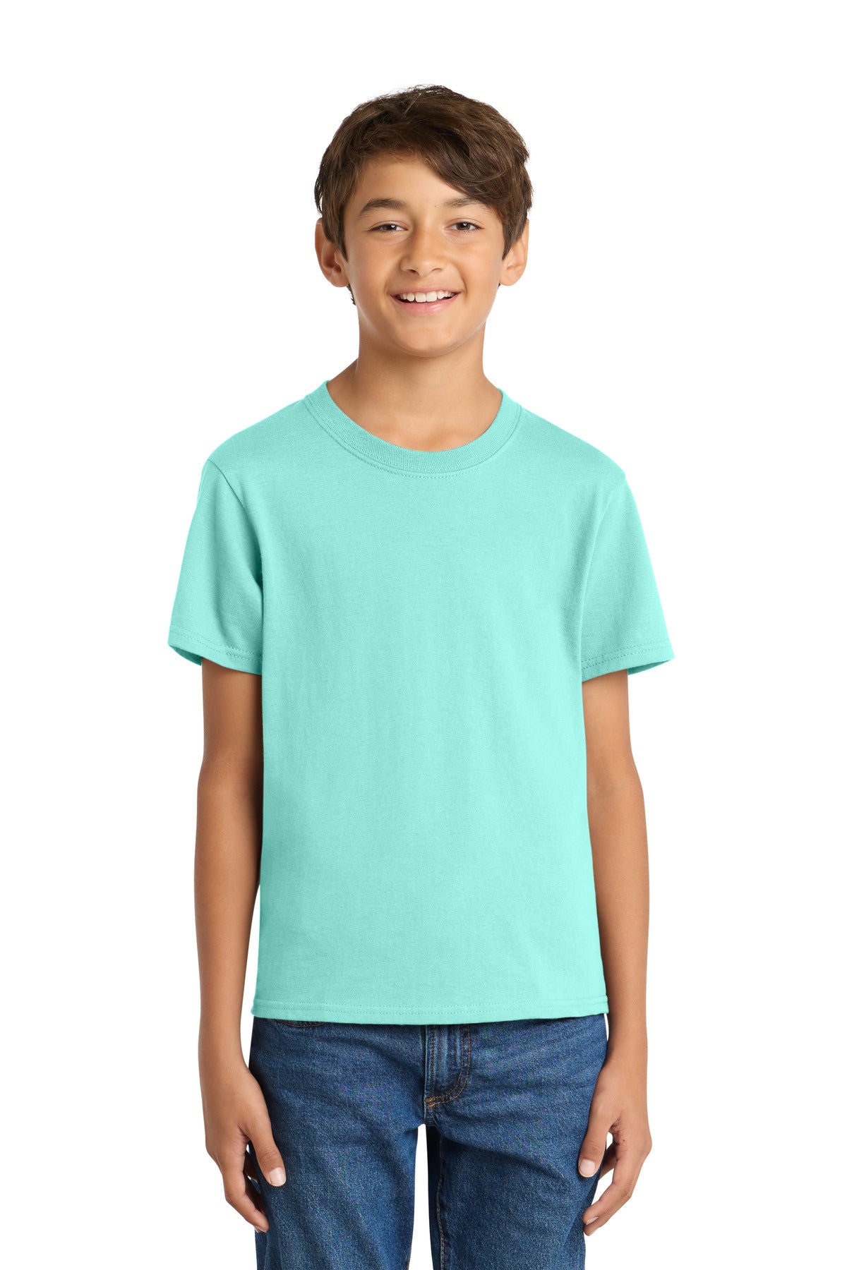 Front View of TrCeladon Port & Co Youth Core Cotton Tee. PC54Y plain