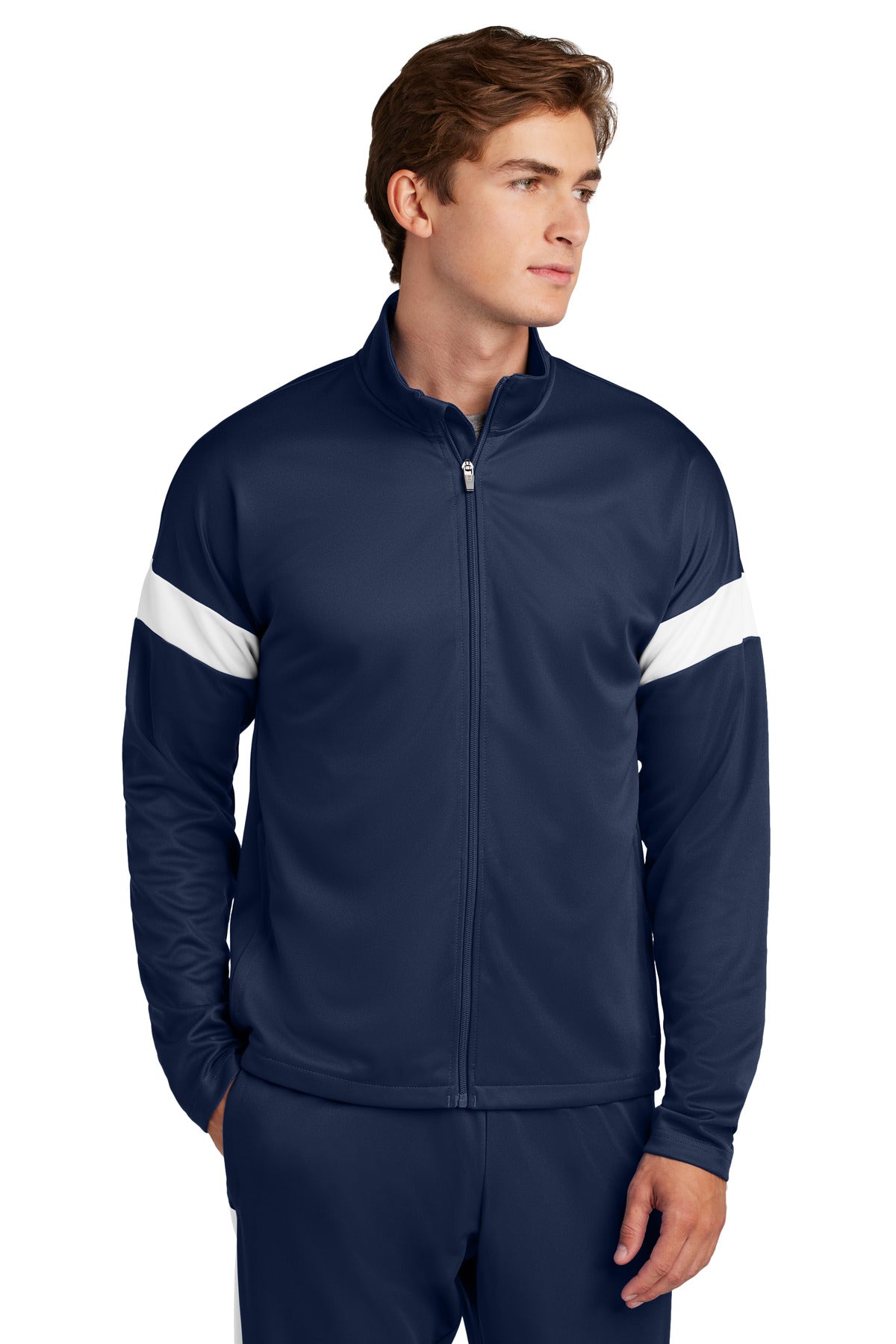 Front View of TrNv/White Sport-Tek Travel Full-Zip Jacket ST800 plain