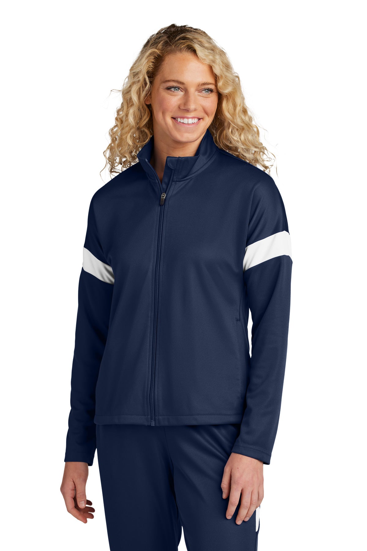 Front View of TrNv/White Sport-Tek Women's Travel Full-Zip Jacket LST800 plain