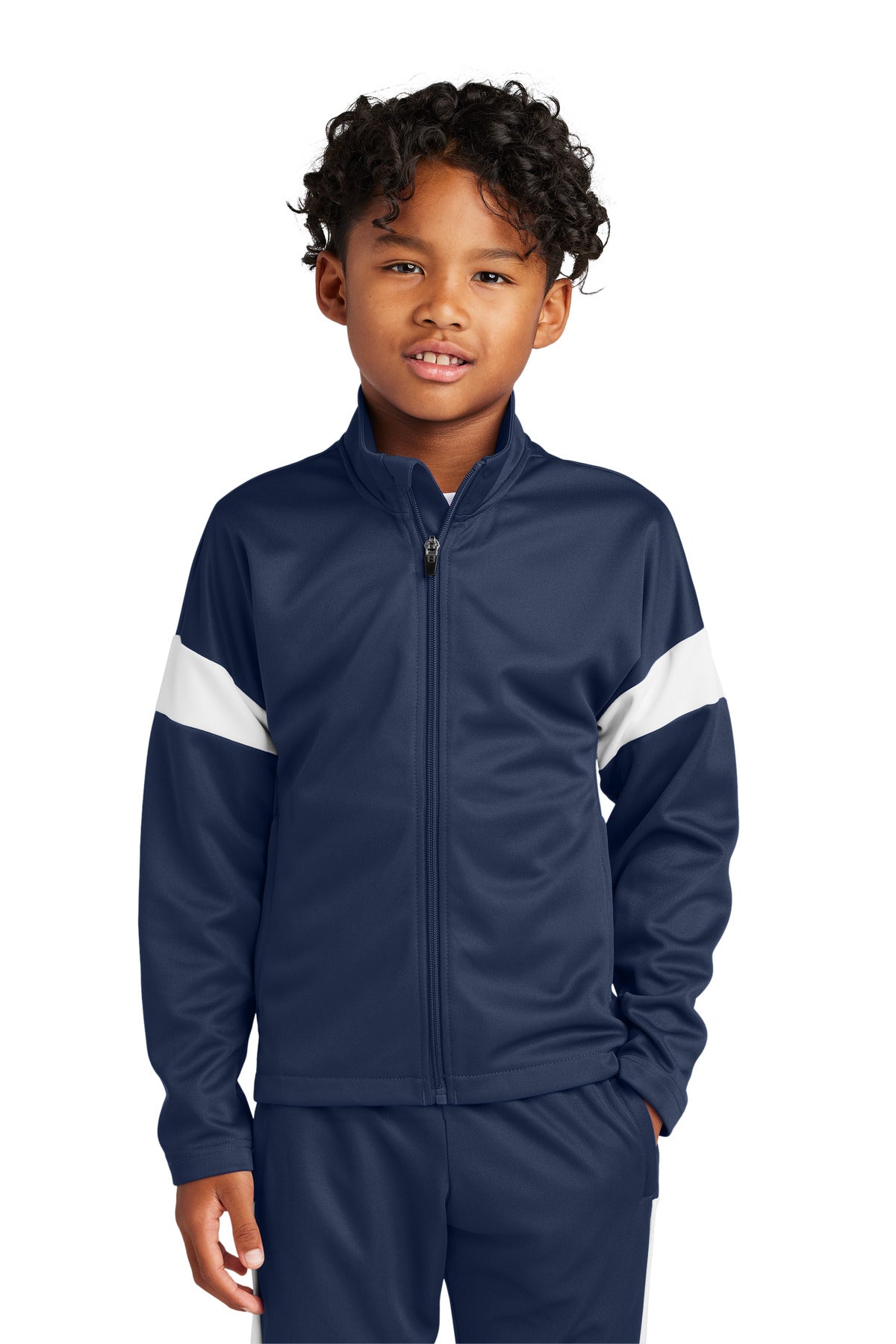 Front View of TrNv/White Sport-Tek Youth Travel Full-Zip Jacket YST800 plain
