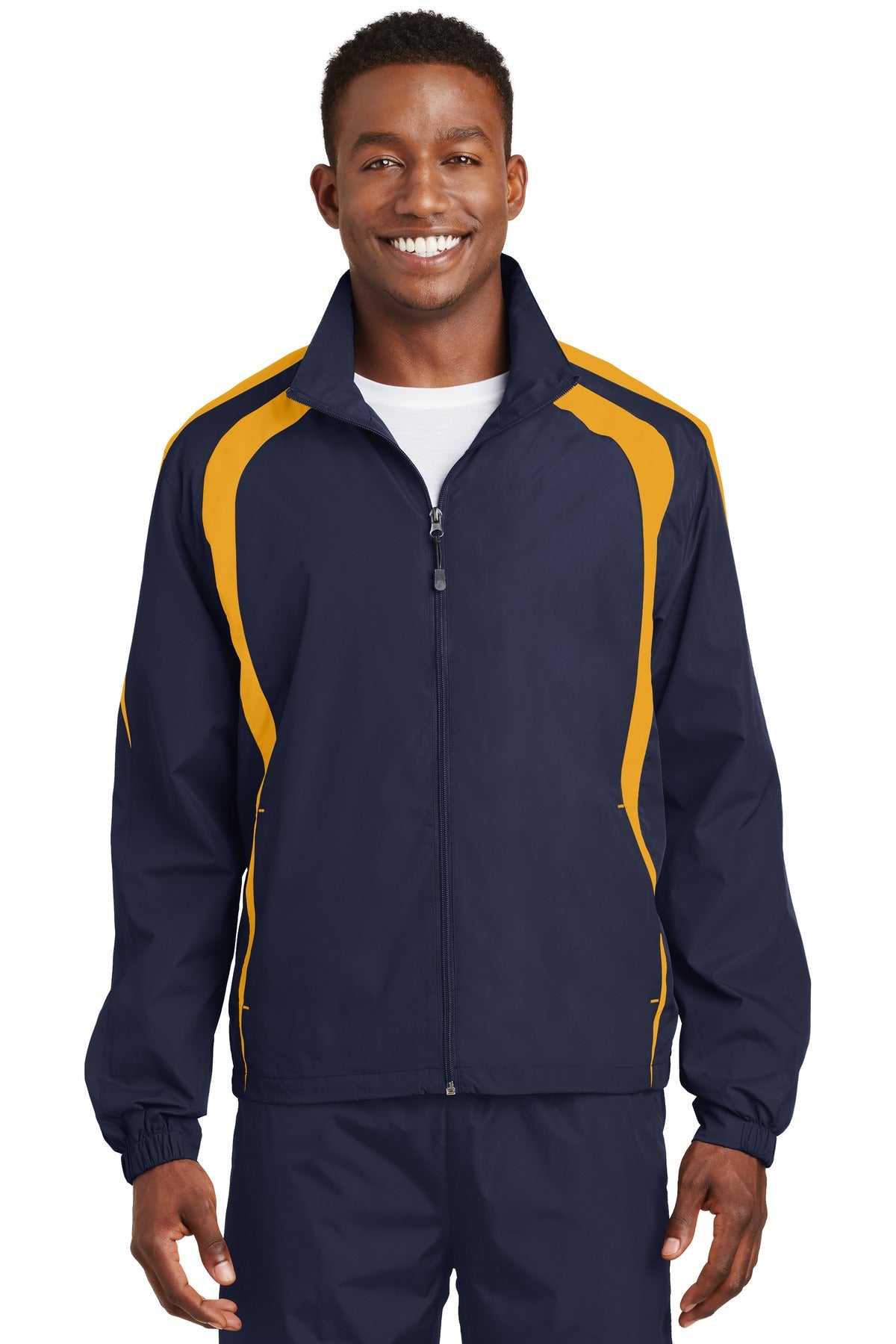 Front View of True Navy/Gold Sport-Tek Colorblock Raglan Jacket. JST60 plain
