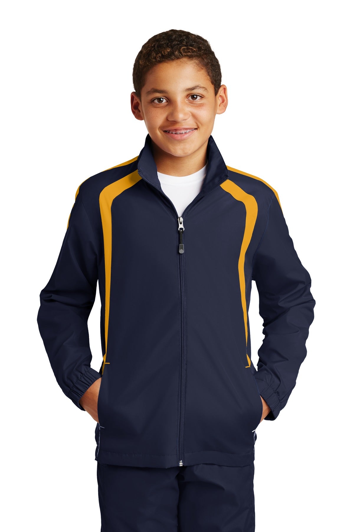 Front View of True Navy/Gold Sport-Tek Youth Colorblock Raglan Jacket. YST60 plain