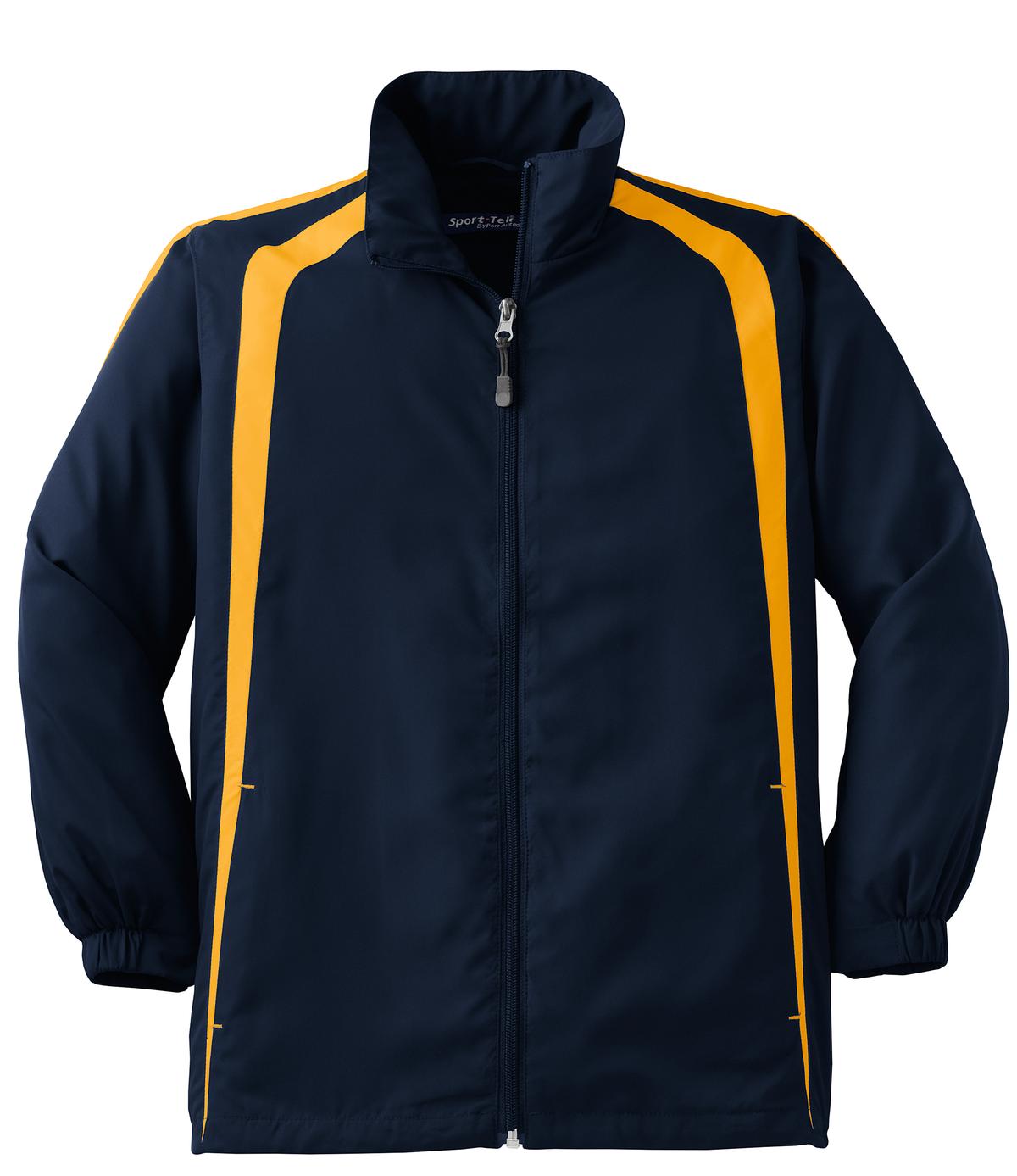 Front View of True Navy/Gold Sport-Tek Youth Colorblock Raglan Jacket. YST60 plain
