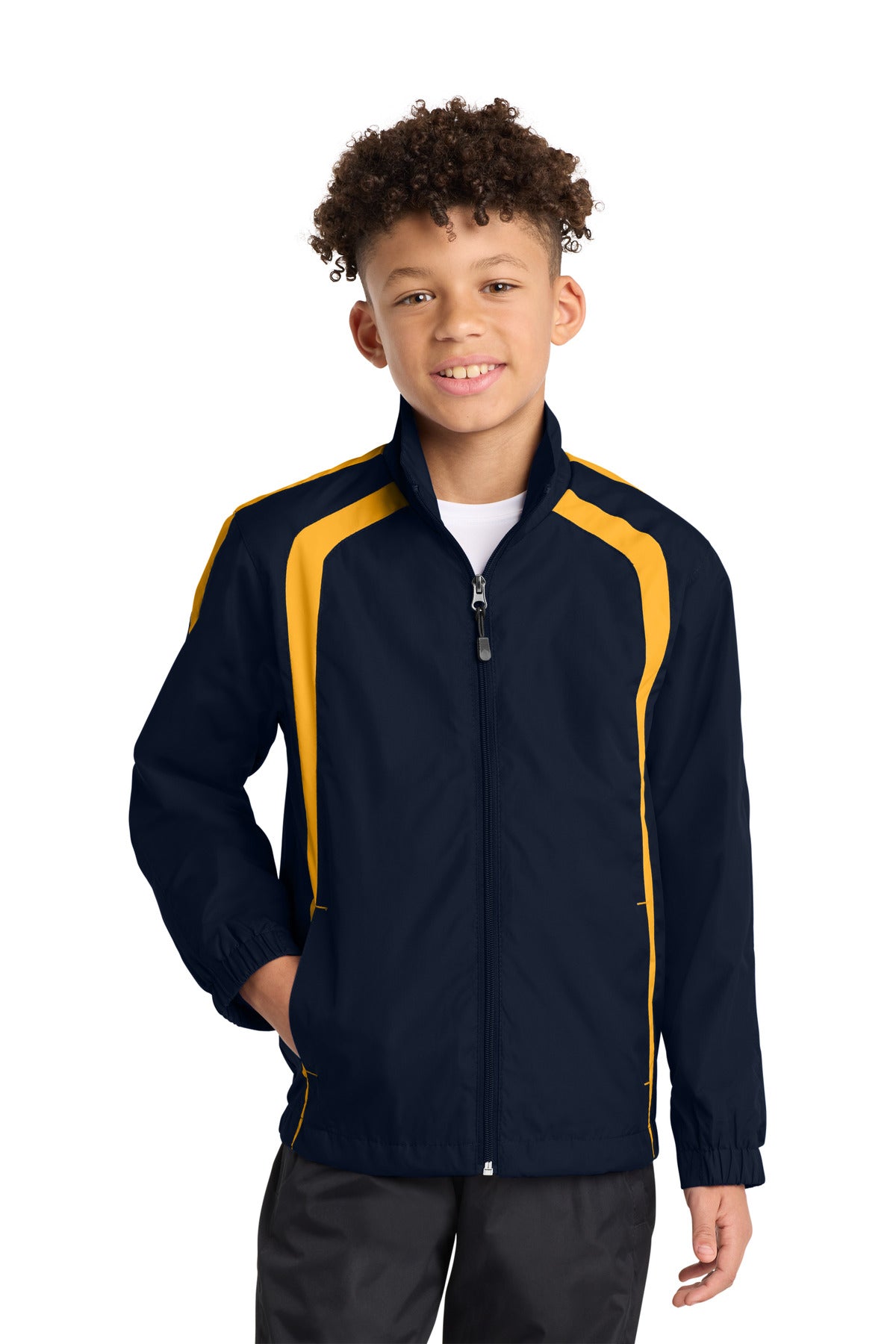 Front View of True Navy/Gold Sport-Tek Youth Colorblock Raglan Jacket. YST60 plain