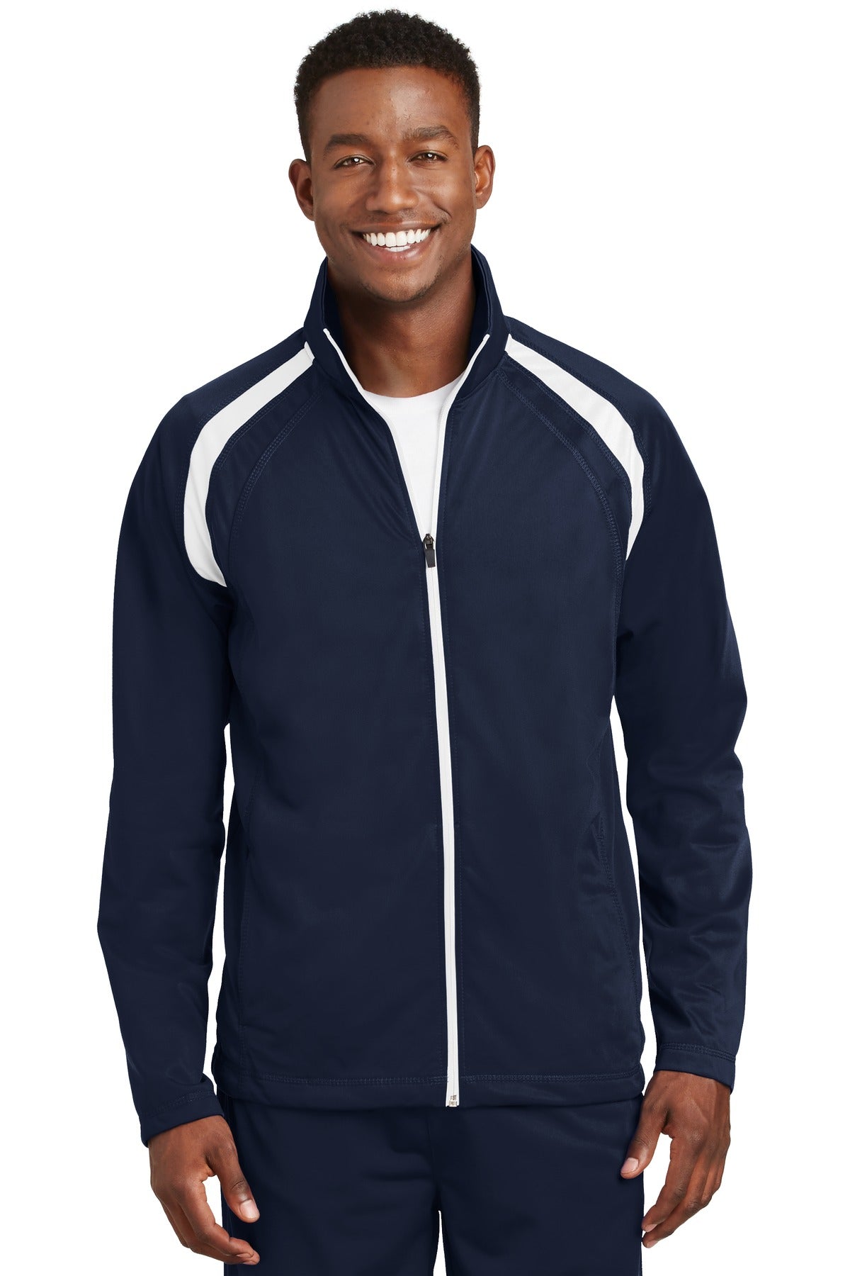 Front View of True Navy/Whit Sport-Tek Tricot Track Jacket. JST90 plain
