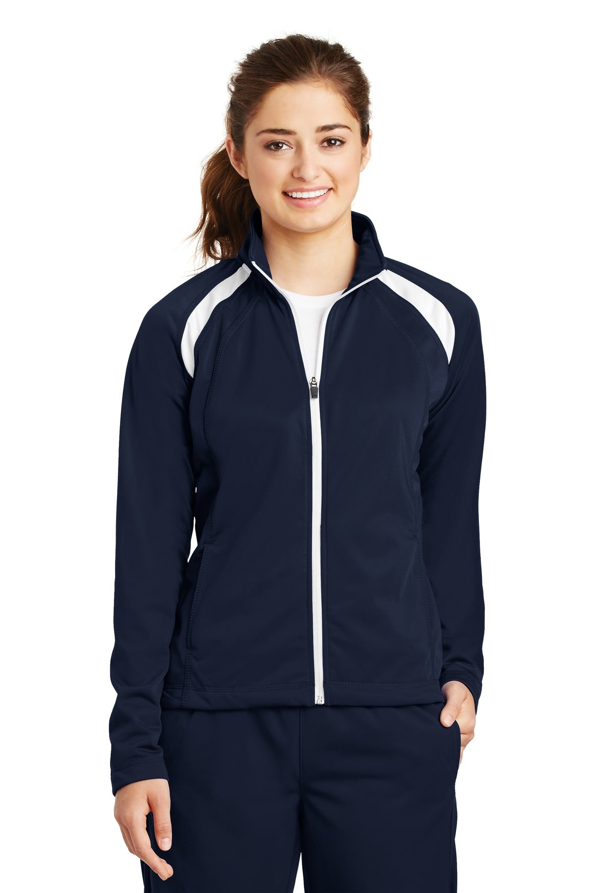 Front View of True Navy/Whit Sport-Tek Women's Tricot Track Jacket. LST90 plain