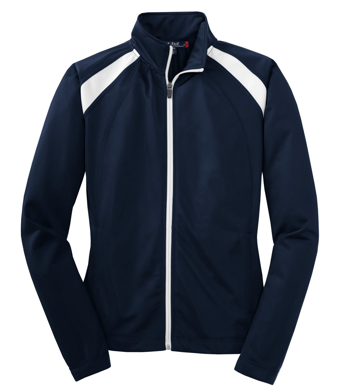 Front View of True Navy/Whit Sport-Tek Women's Tricot Track Jacket. LST90 plain