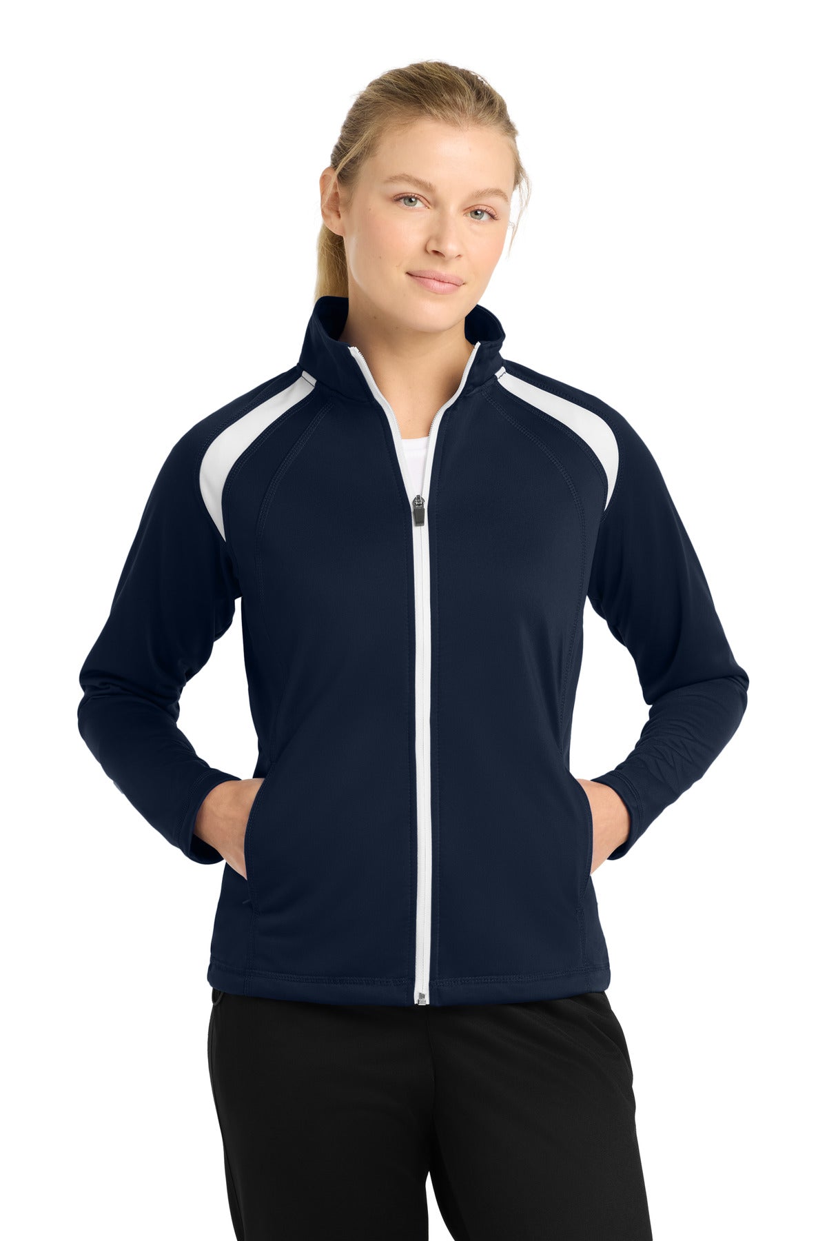 Front View of True Navy/Whit Sport-Tek Women's Tricot Track Jacket. LST90 plain